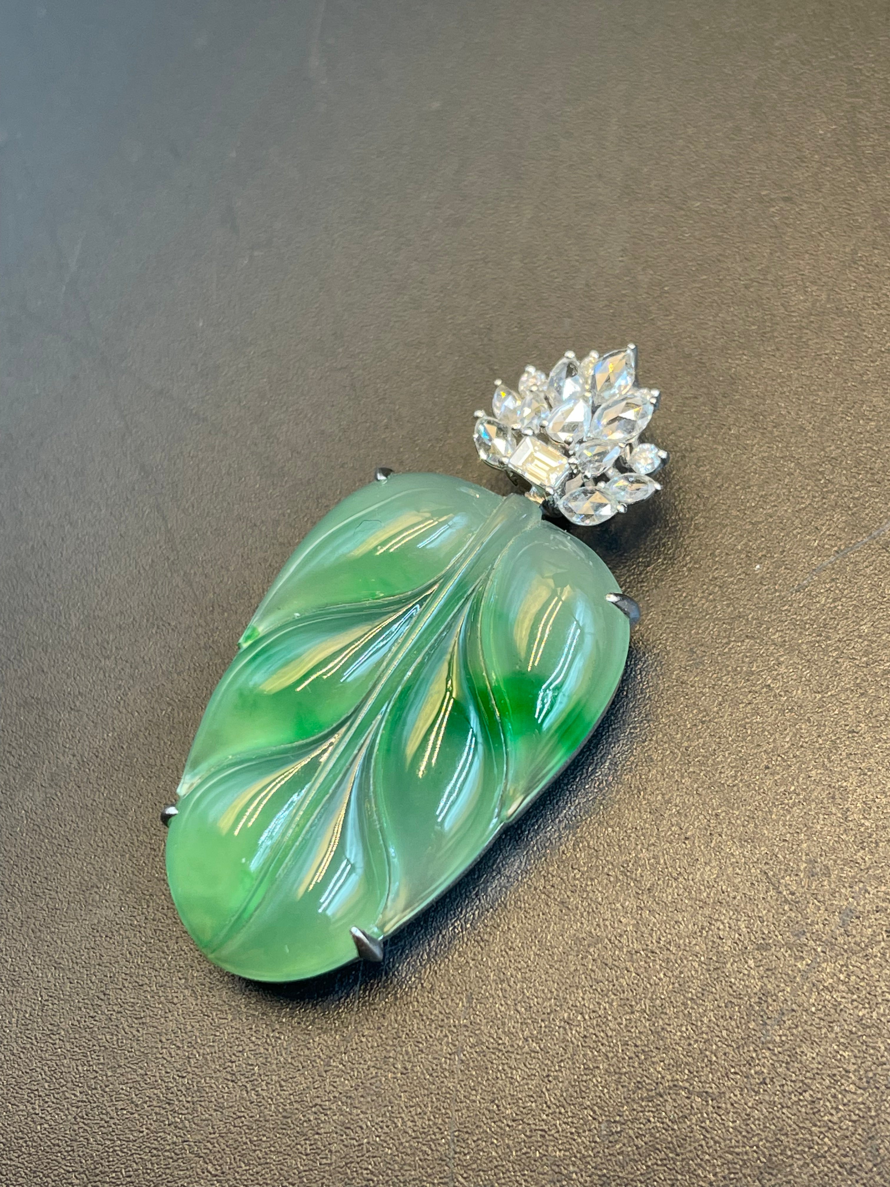 天然翡翠冰種飄綠花葉子吊墜