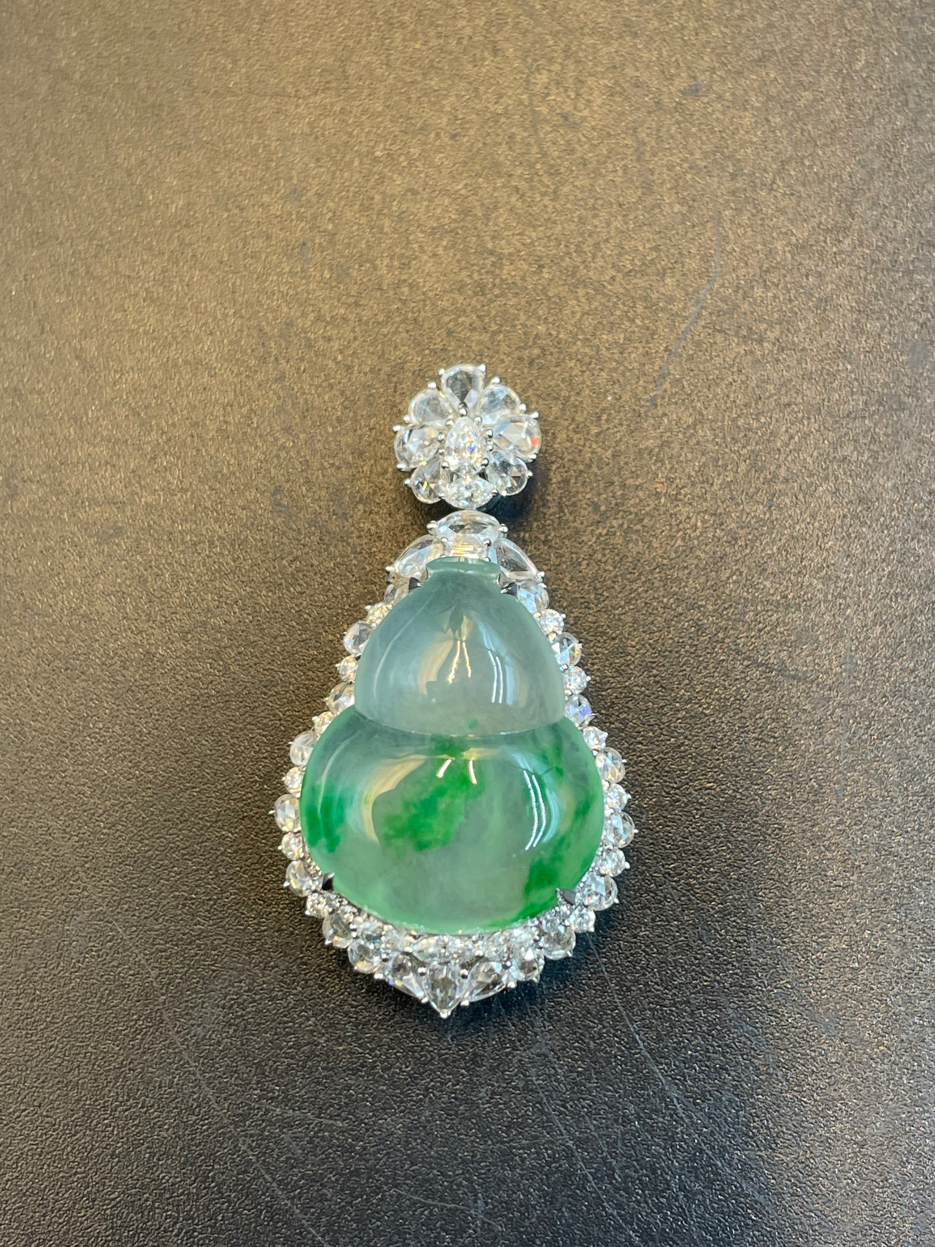 天然翡翠冰種飄綠花福祿吊墜