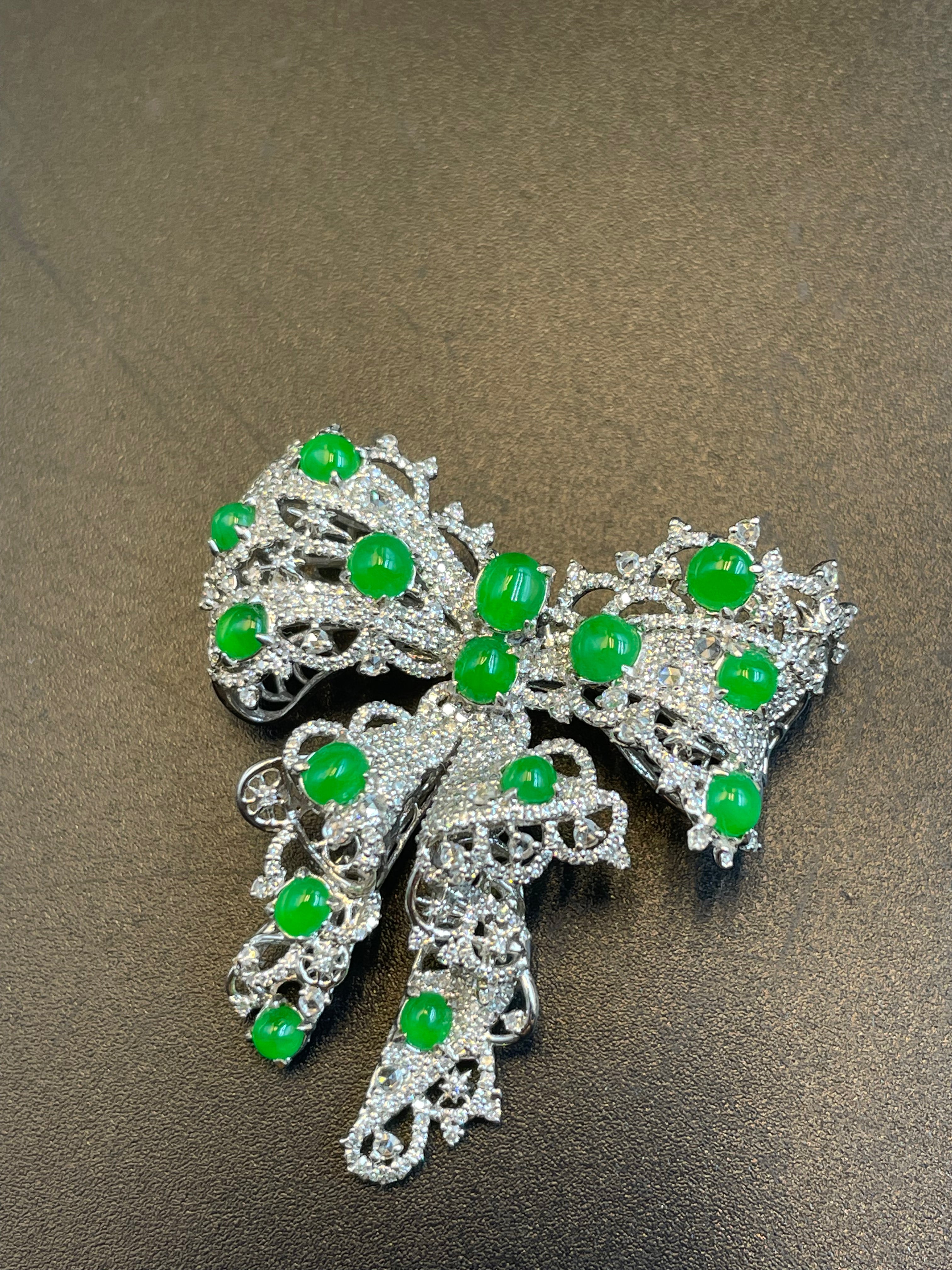 緬甸天然翡翠陽綠蛋面蝴蝶結胸針