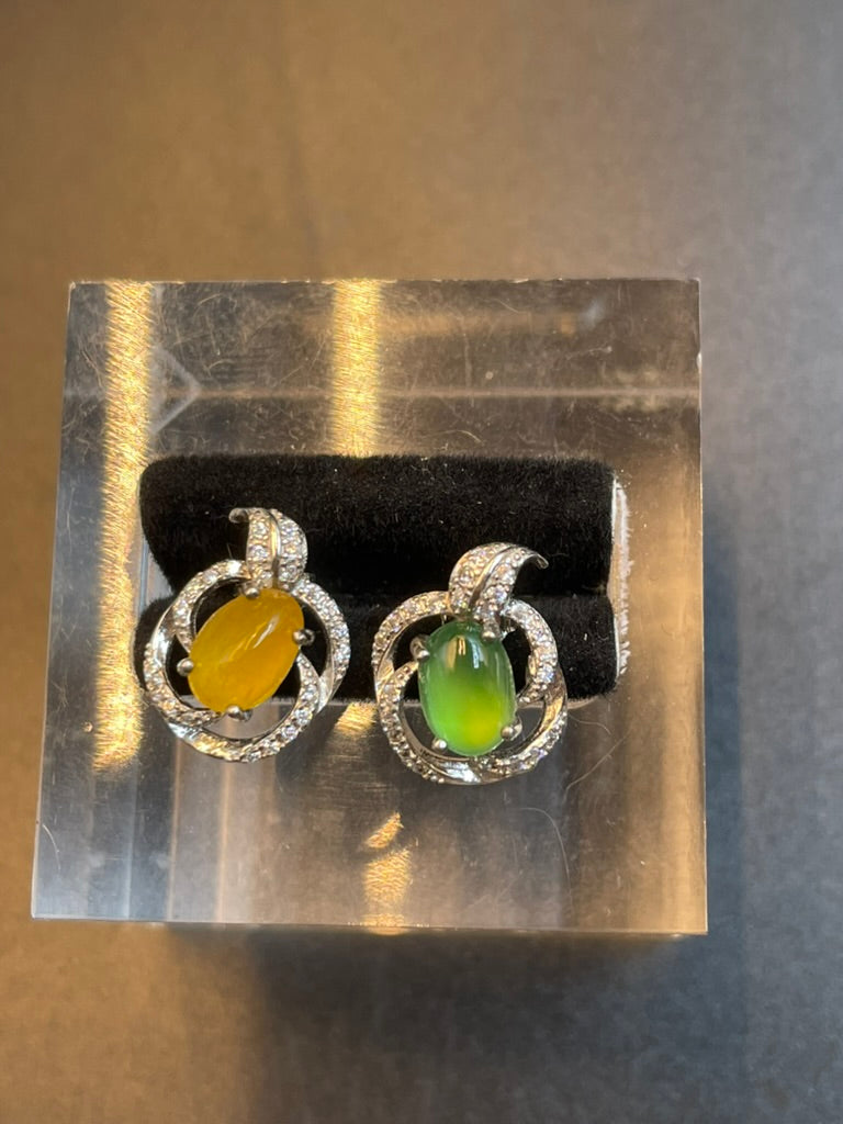 緬甸天然翡翠黃翡/冰綠蛋面耳環耳釘耳墜/俏色設計款/禮物