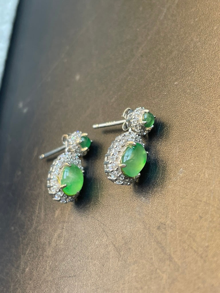 緬甸天然翡翠黃翡/冰綠蛋面耳環耳釘耳墜/俏色設計款/禮物