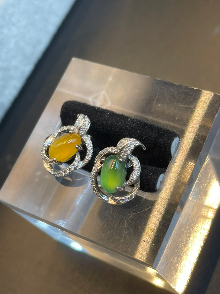 緬甸天然翡翠黃翡/冰綠蛋面耳環耳釘耳墜/俏色設計款/禮物