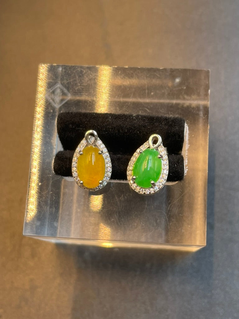 緬甸天然翡翠黃翡/冰綠蛋面耳環耳釘耳墜/俏色設計款/禮物