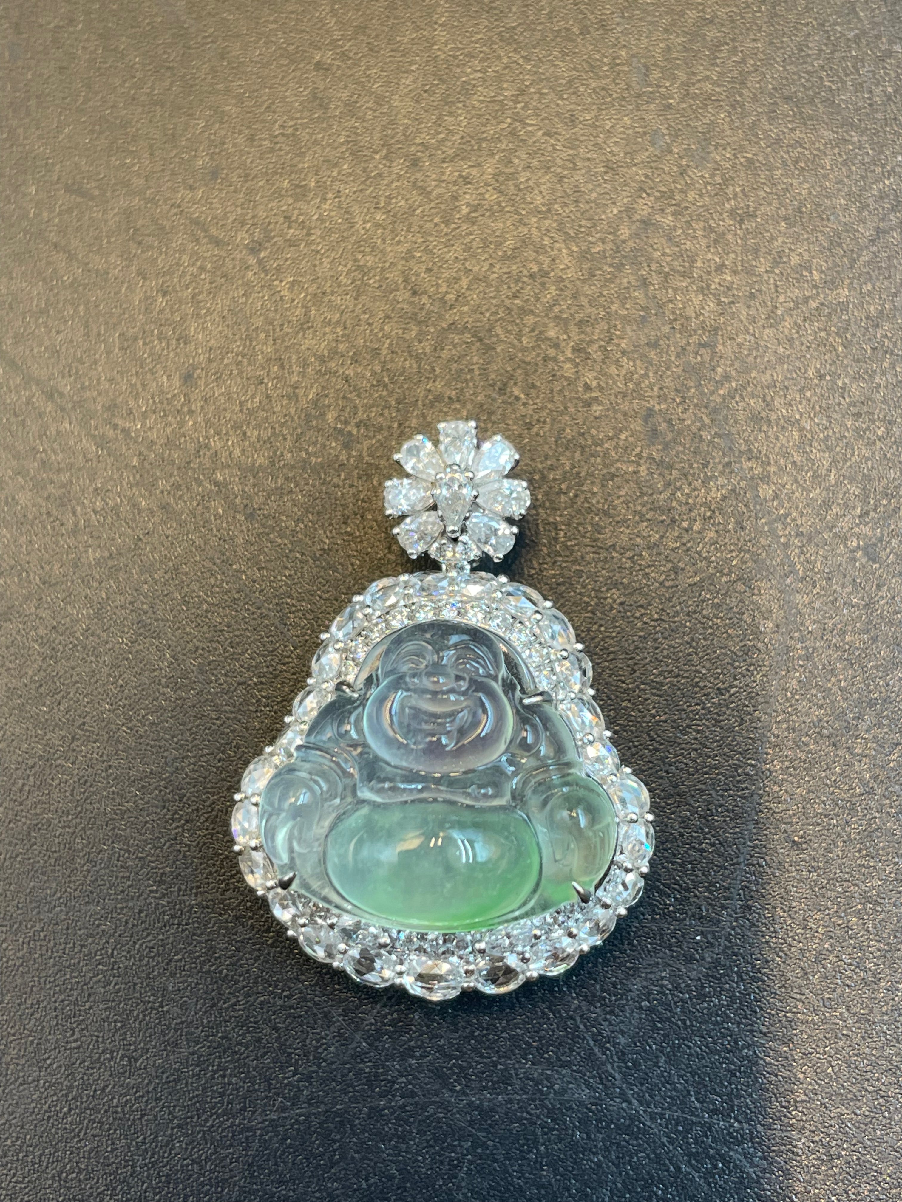 緬甸天然翡翠冰飄綠花彌勒佛公吊墜