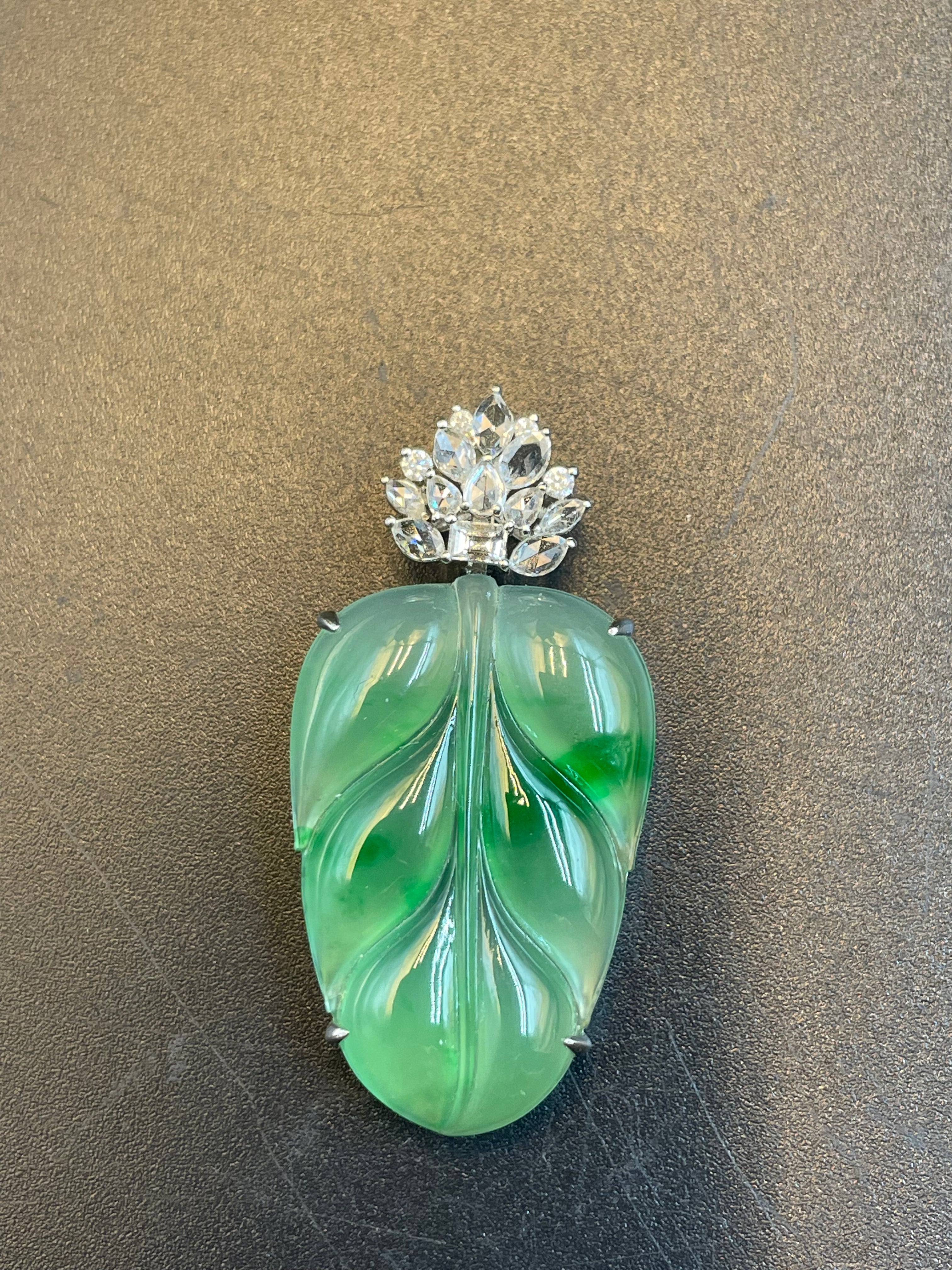 天然翡翠冰種飄綠花葉子吊墜