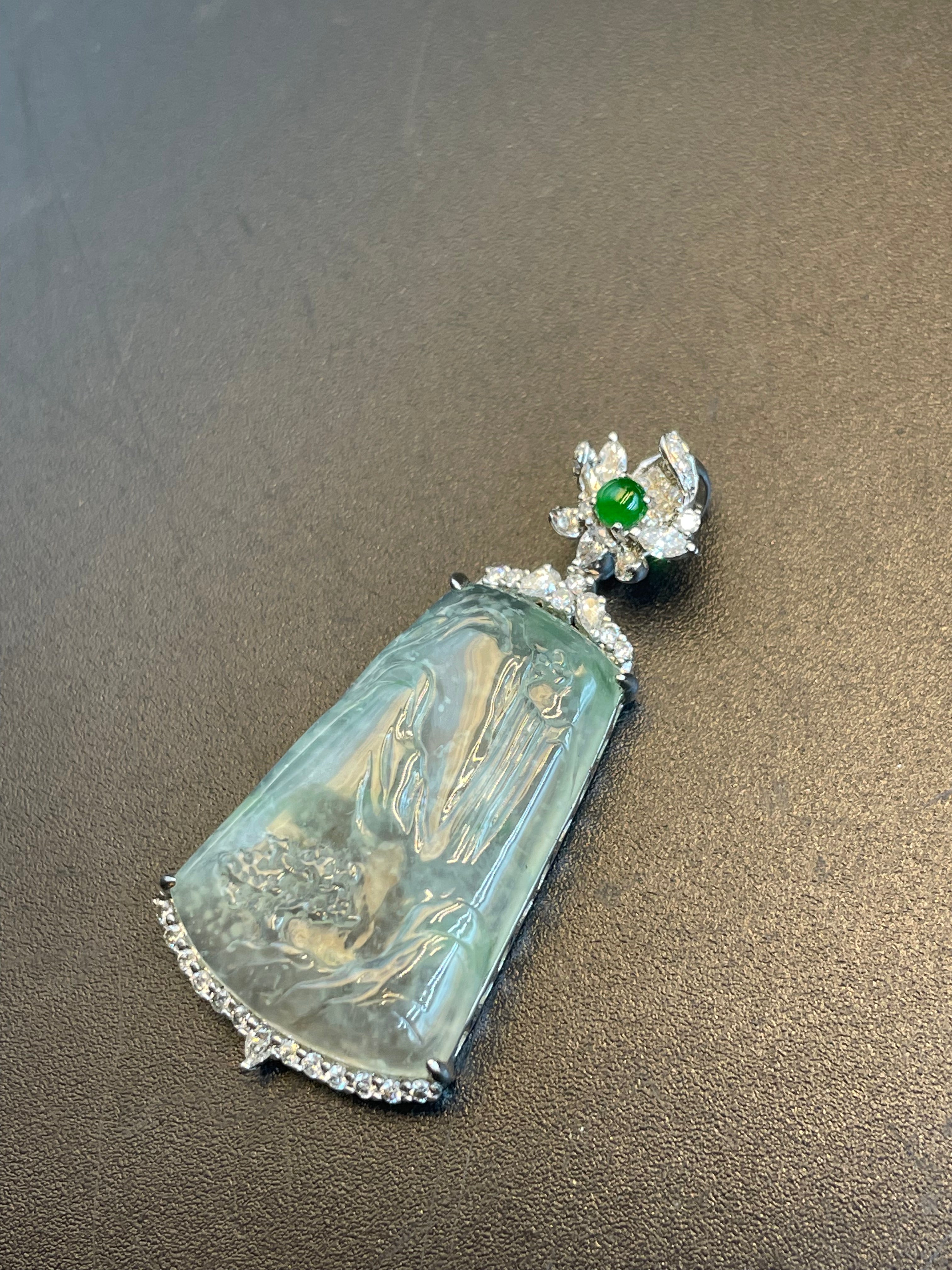 天然翡翠冰種山水意境玉牌吊墜