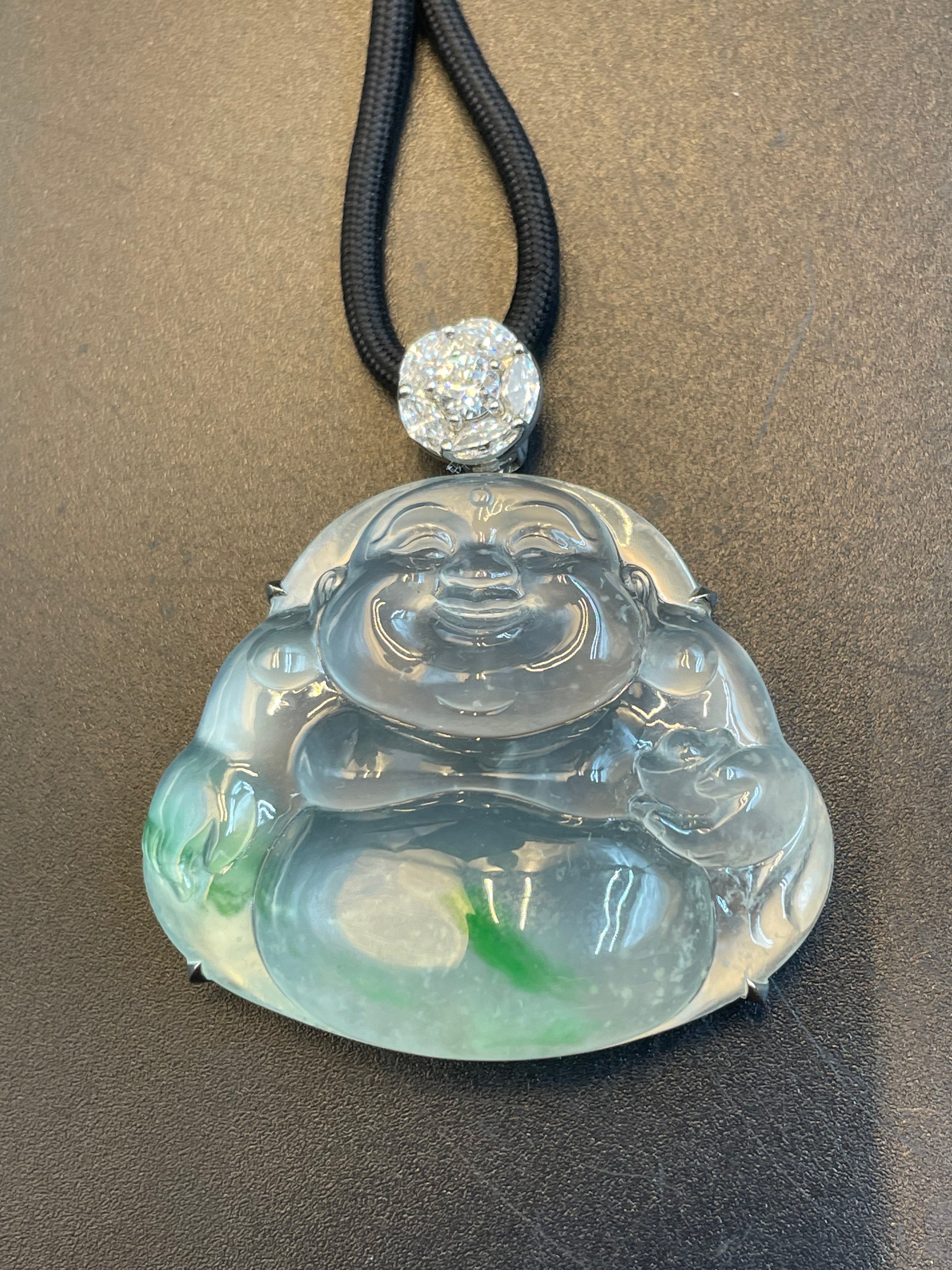 天然翡翠冰飄綠花彌勒吊墜