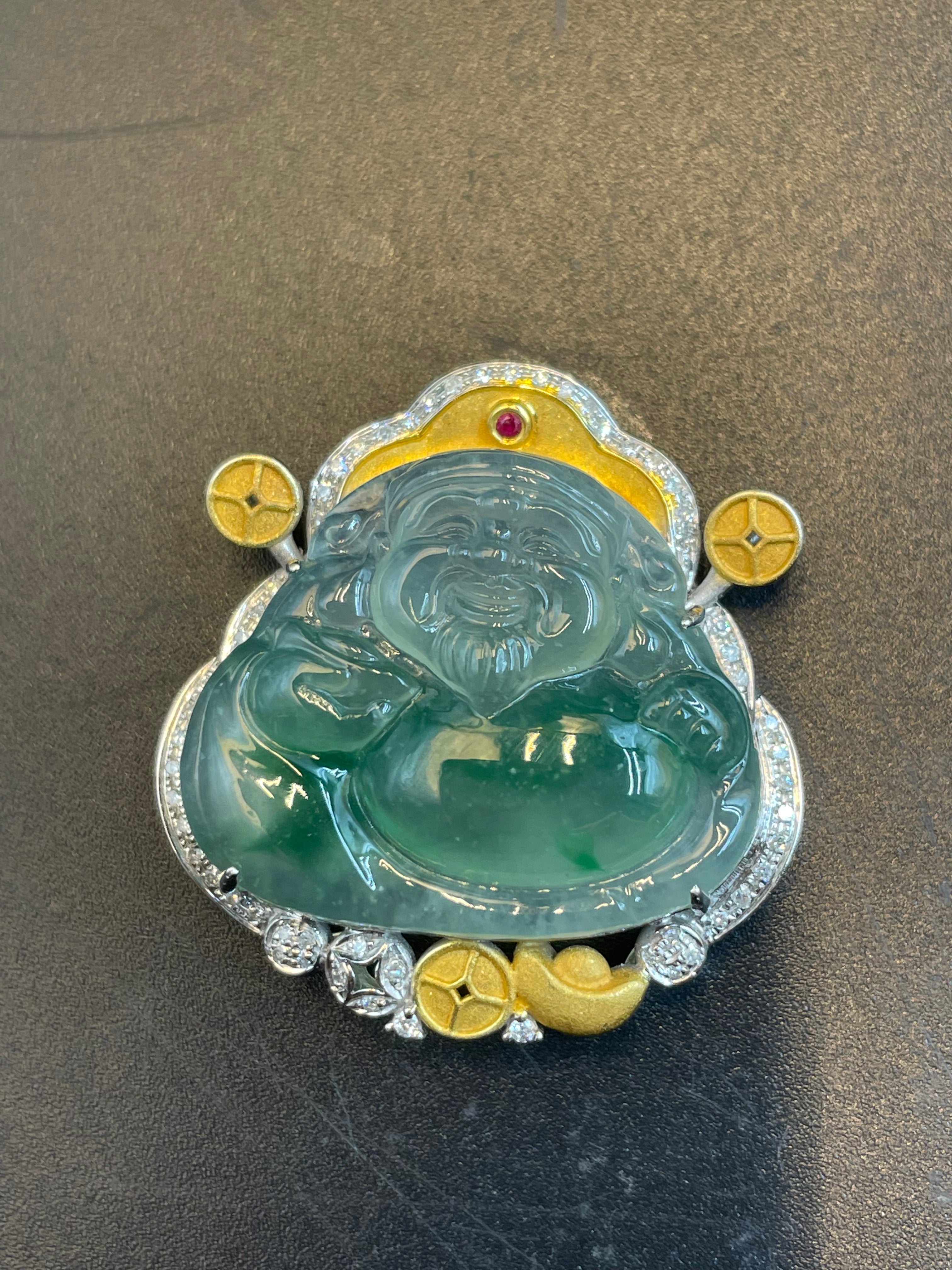 天然翡翠冰漂綠花招財彌勒吊墜