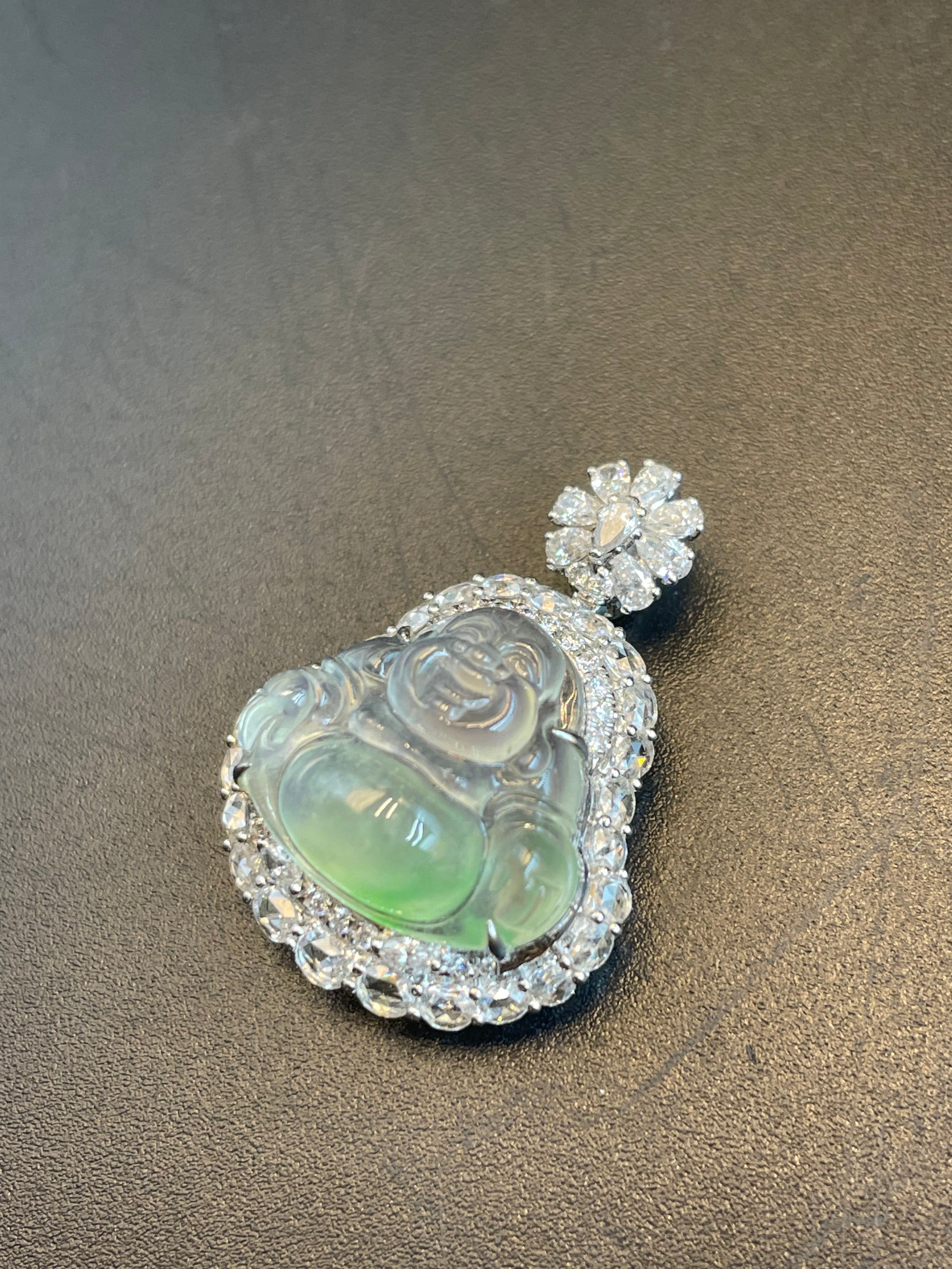 緬甸天然翡翠冰飄綠花彌勒佛公吊墜