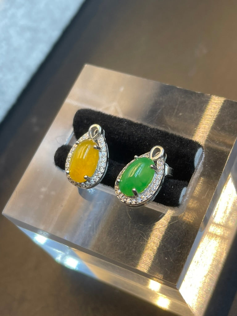緬甸天然翡翠黃翡/冰綠蛋面耳環耳釘耳墜/俏色設計款/禮物
