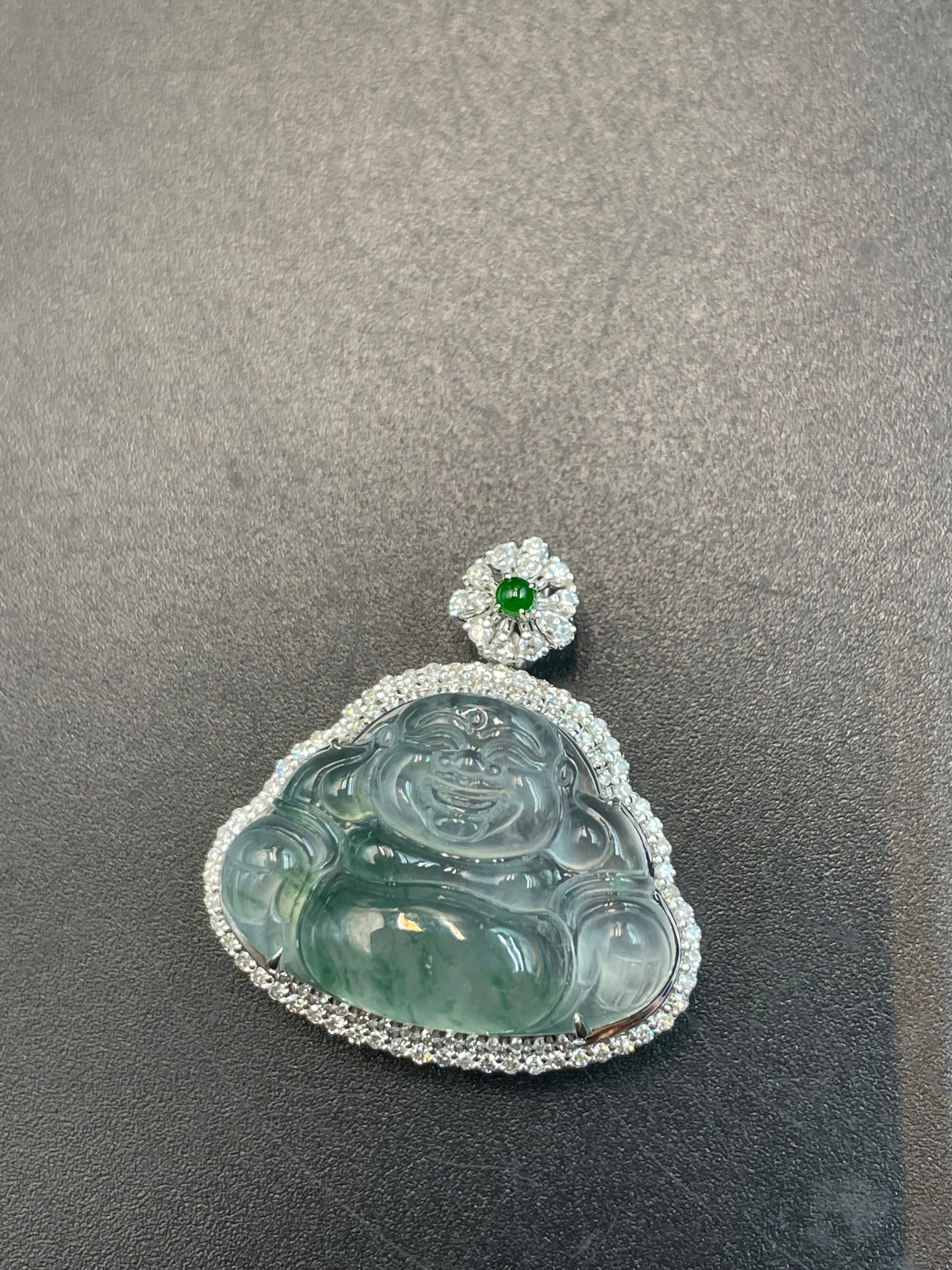 緬甸天然翡翠冰飄綠花彌勒吊墜