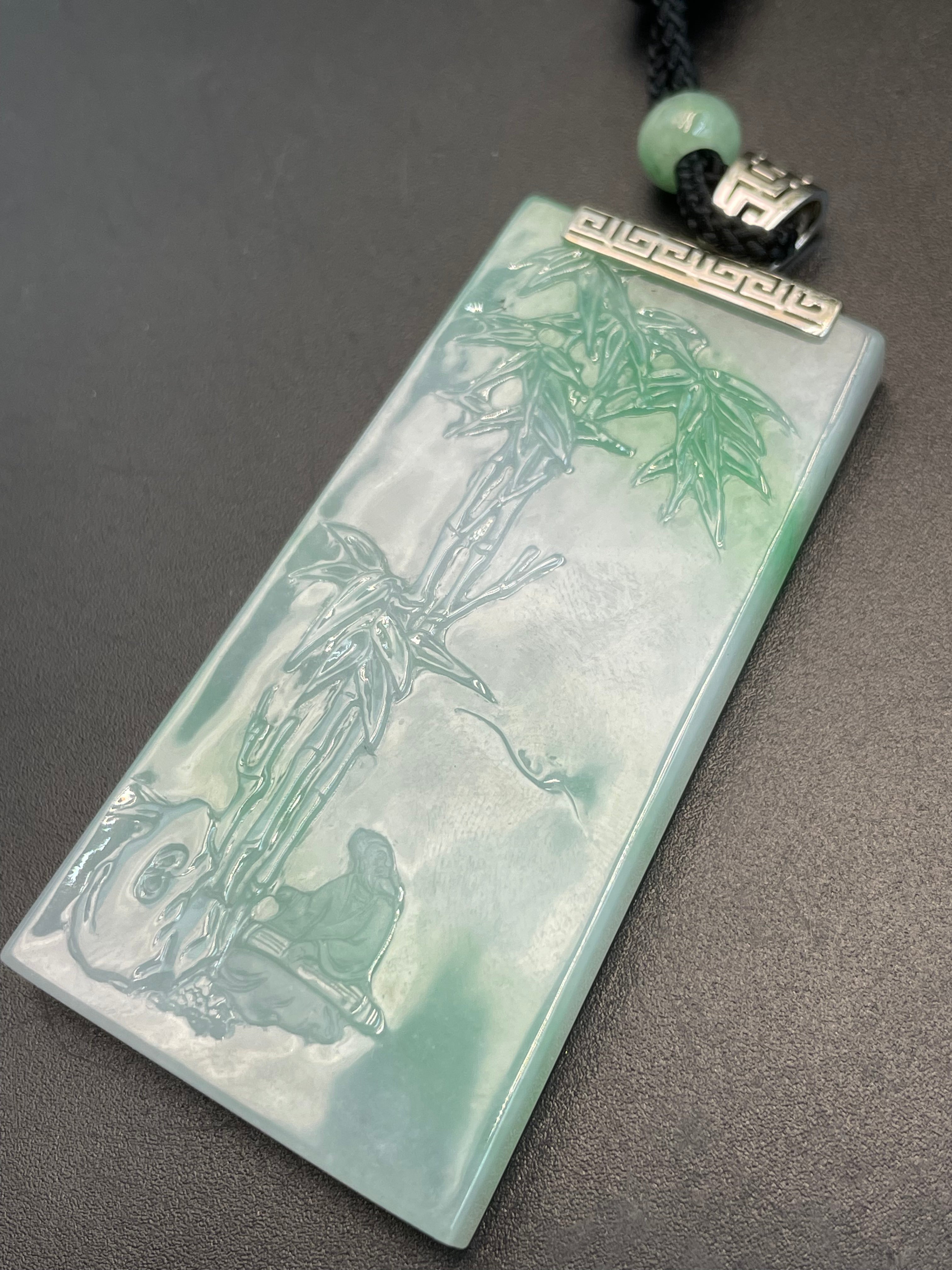 緬甸天然翡翠老人伴竹吊墜