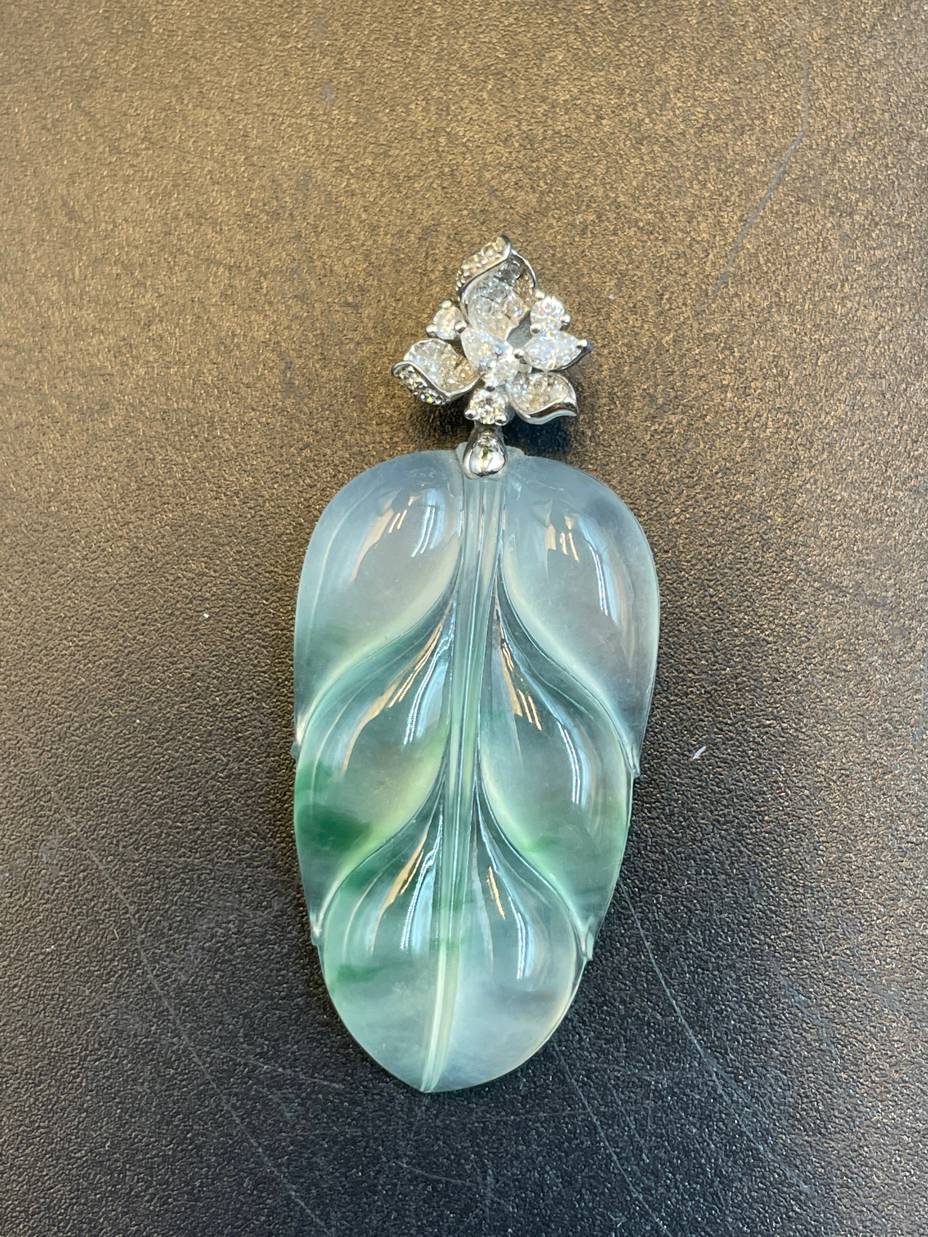 緬甸天然翡翠冰飄花葉子/金枝玉葉吊墜