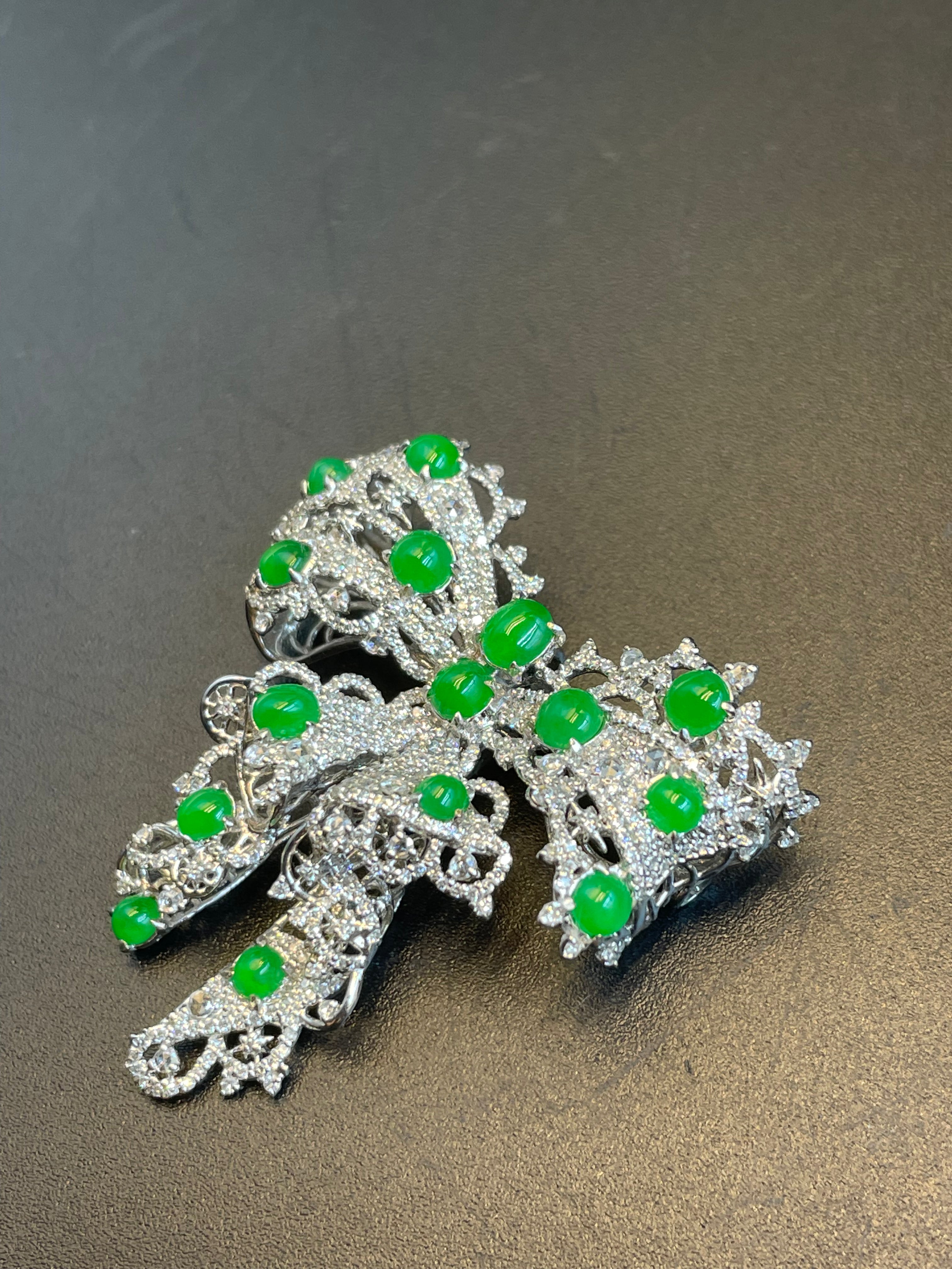 緬甸天然翡翠陽綠蛋面蝴蝶結胸針