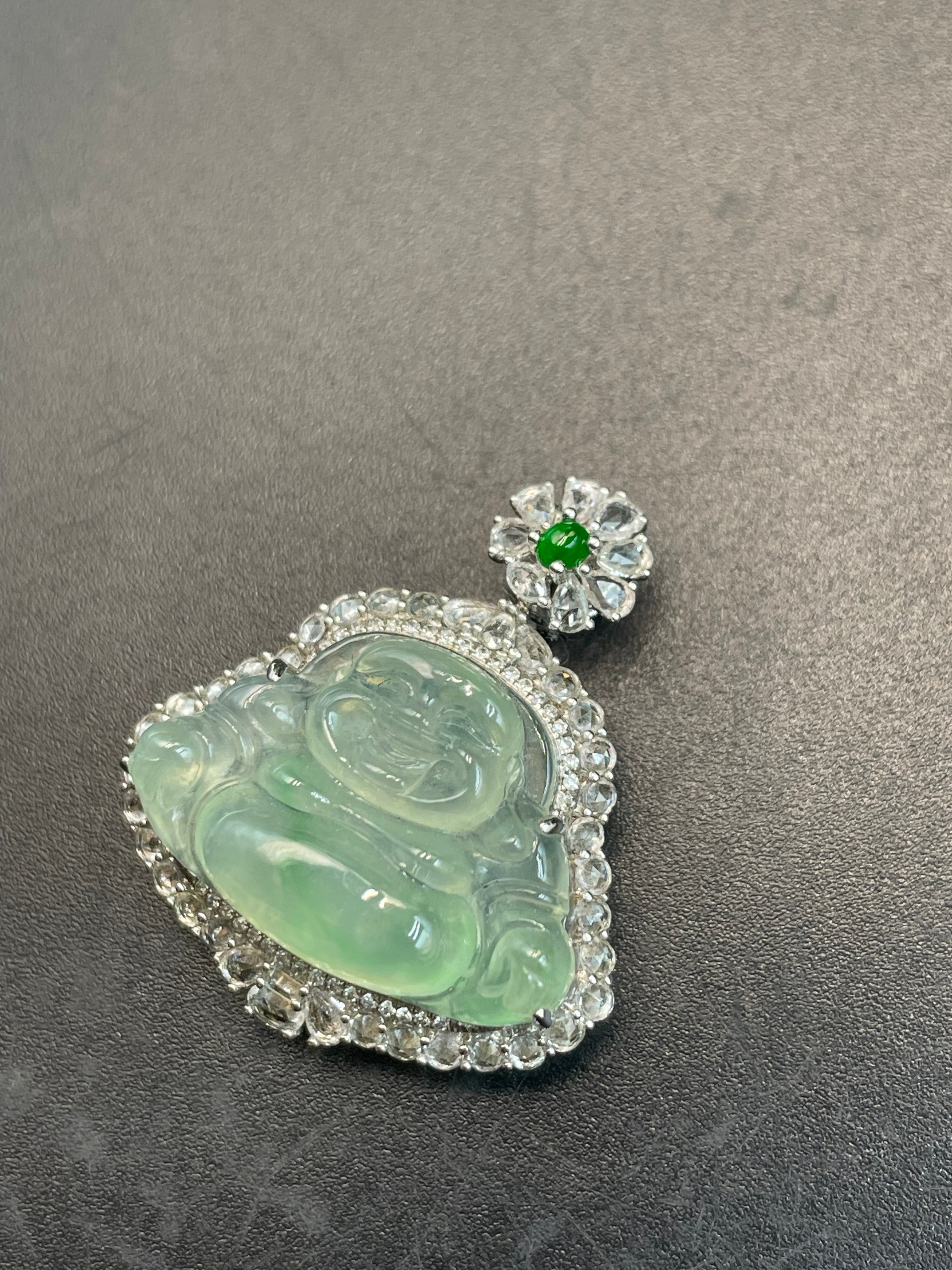 緬甸天然翡翠冰晴綠飄花彌勒吊墜