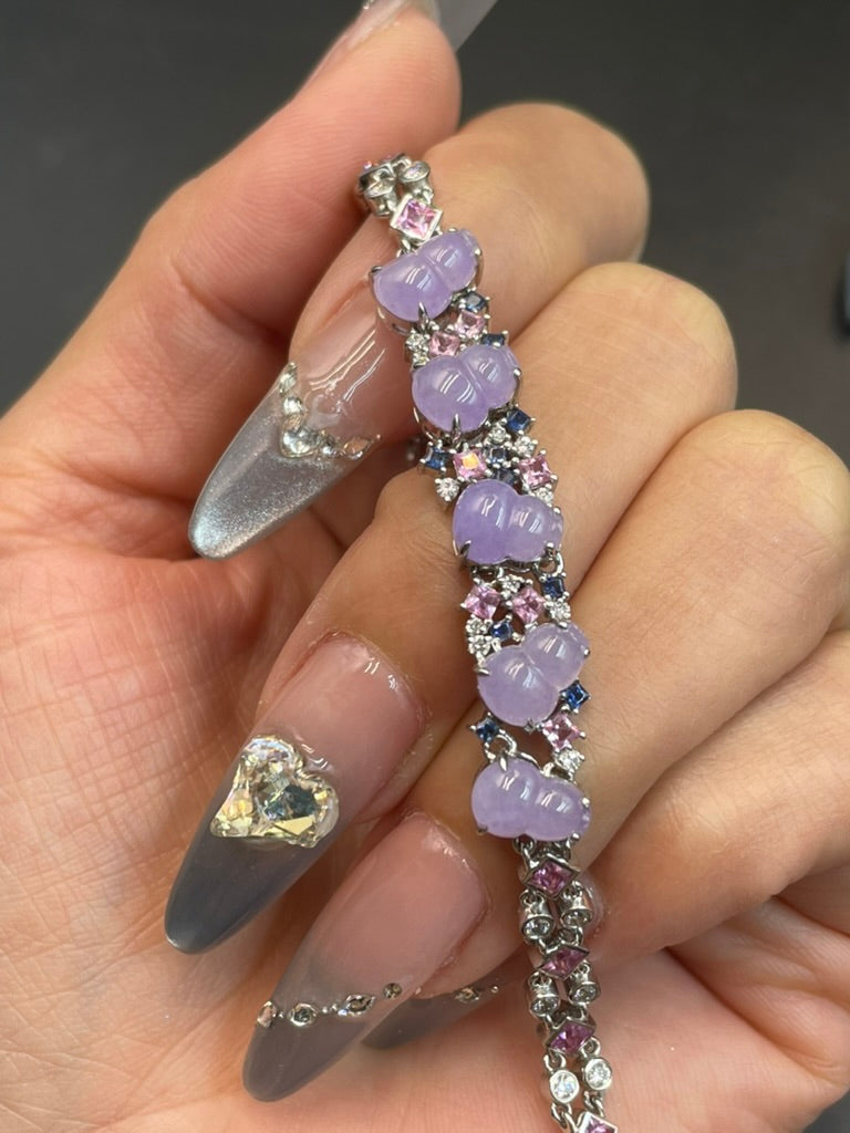 緬甸天然翡翠 紫羅蘭葫蘆/福祿蛋面手鏈 18k金鑲嵌伴鉆