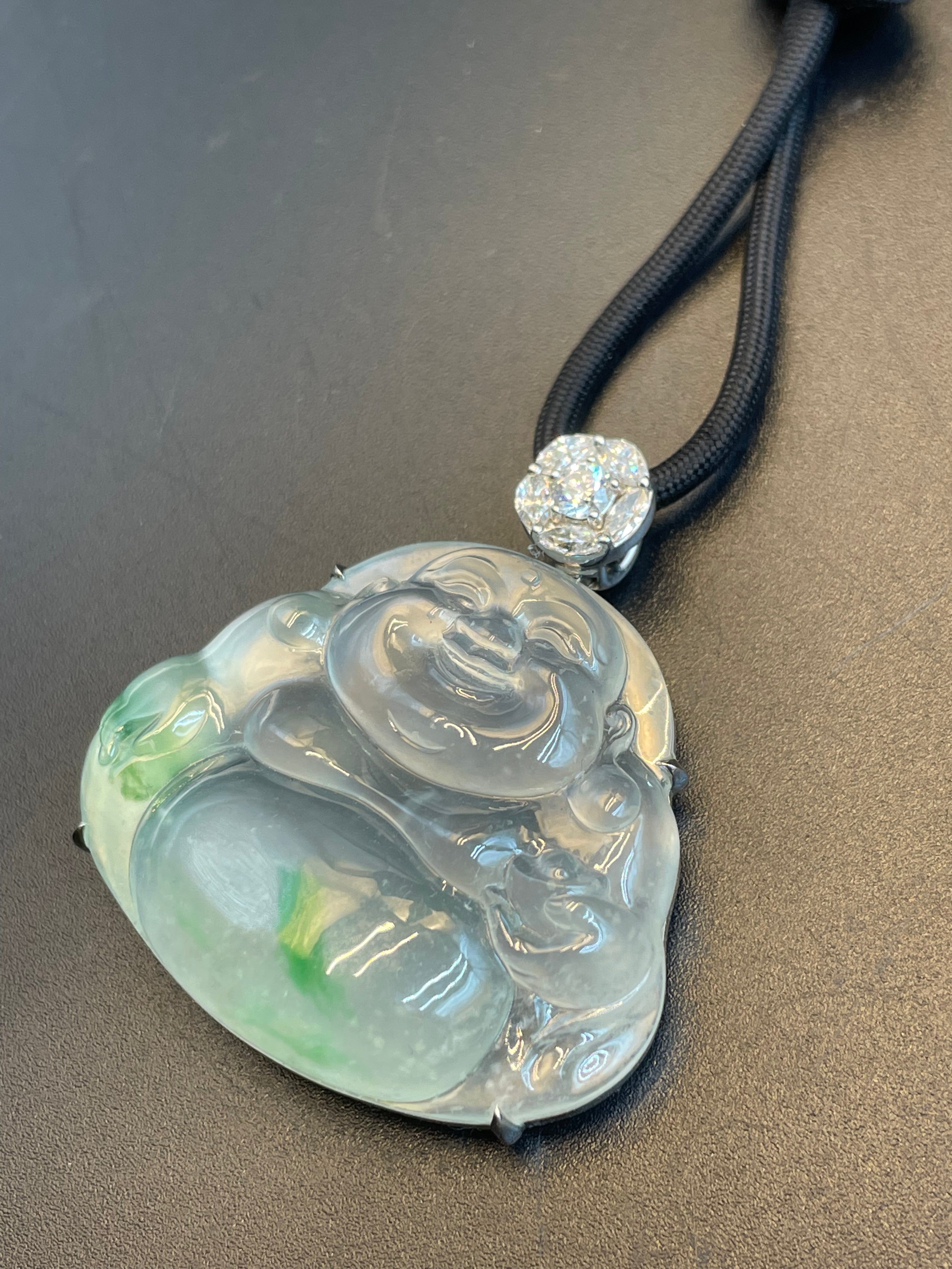 天然翡翠冰飄綠花彌勒吊墜