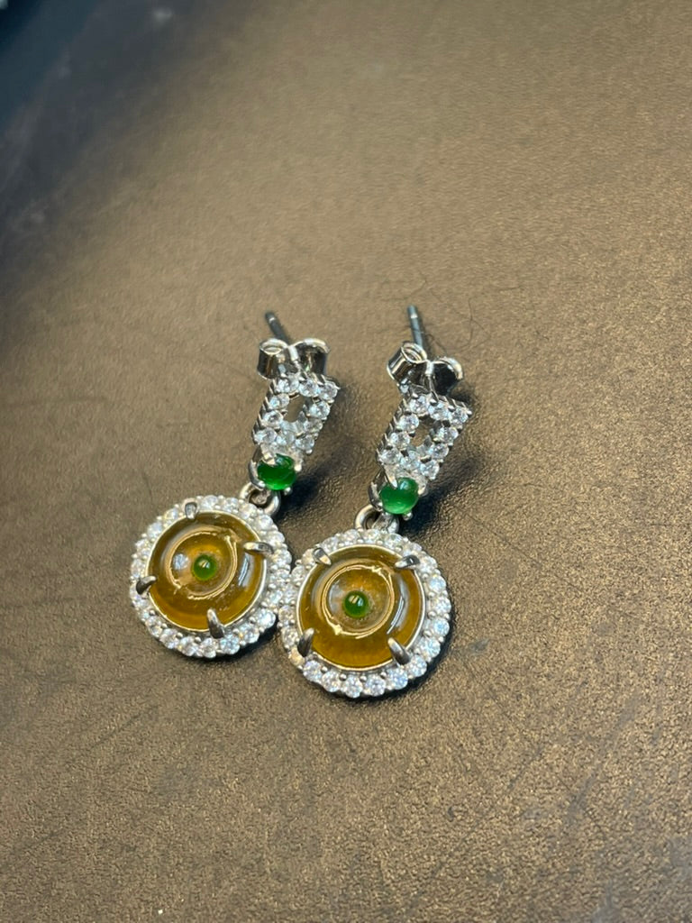 緬甸天然翡翠黃翡平安扣蛋面耳環耳墜