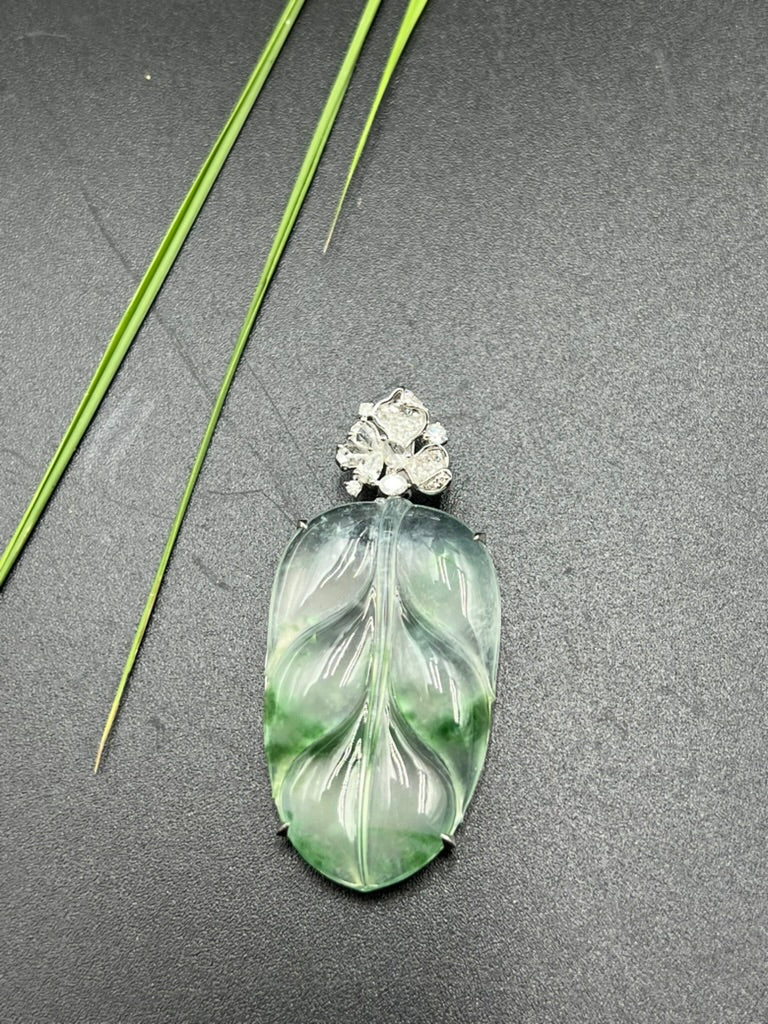 緬甸天然翡翠冰飄花葉子吊墜