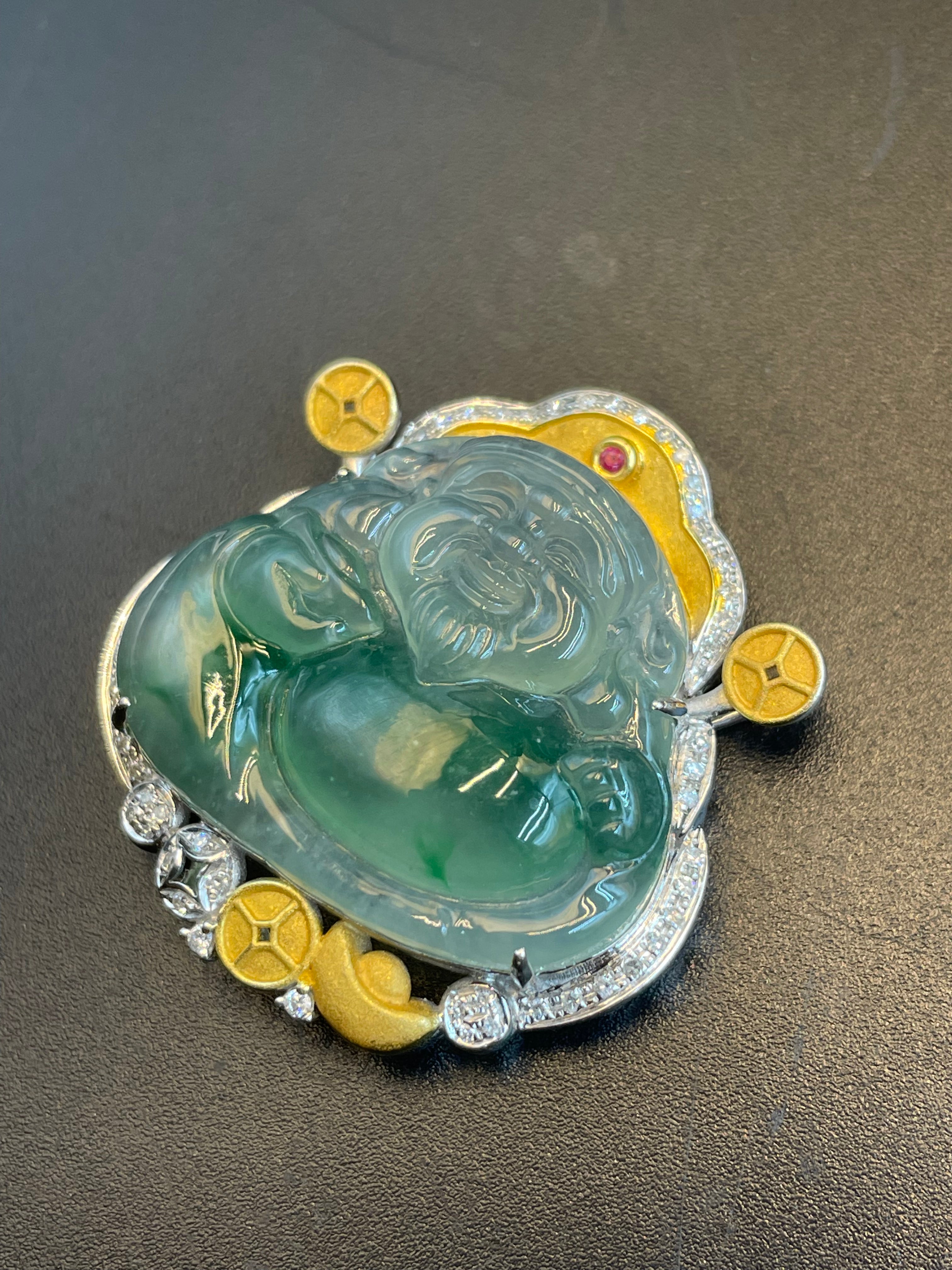 天然翡翠冰漂綠花招財彌勒吊墜