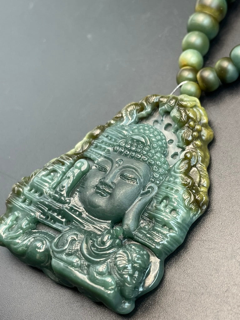 緬甸天然翡翠石窟如来・普贤骑象吊墜