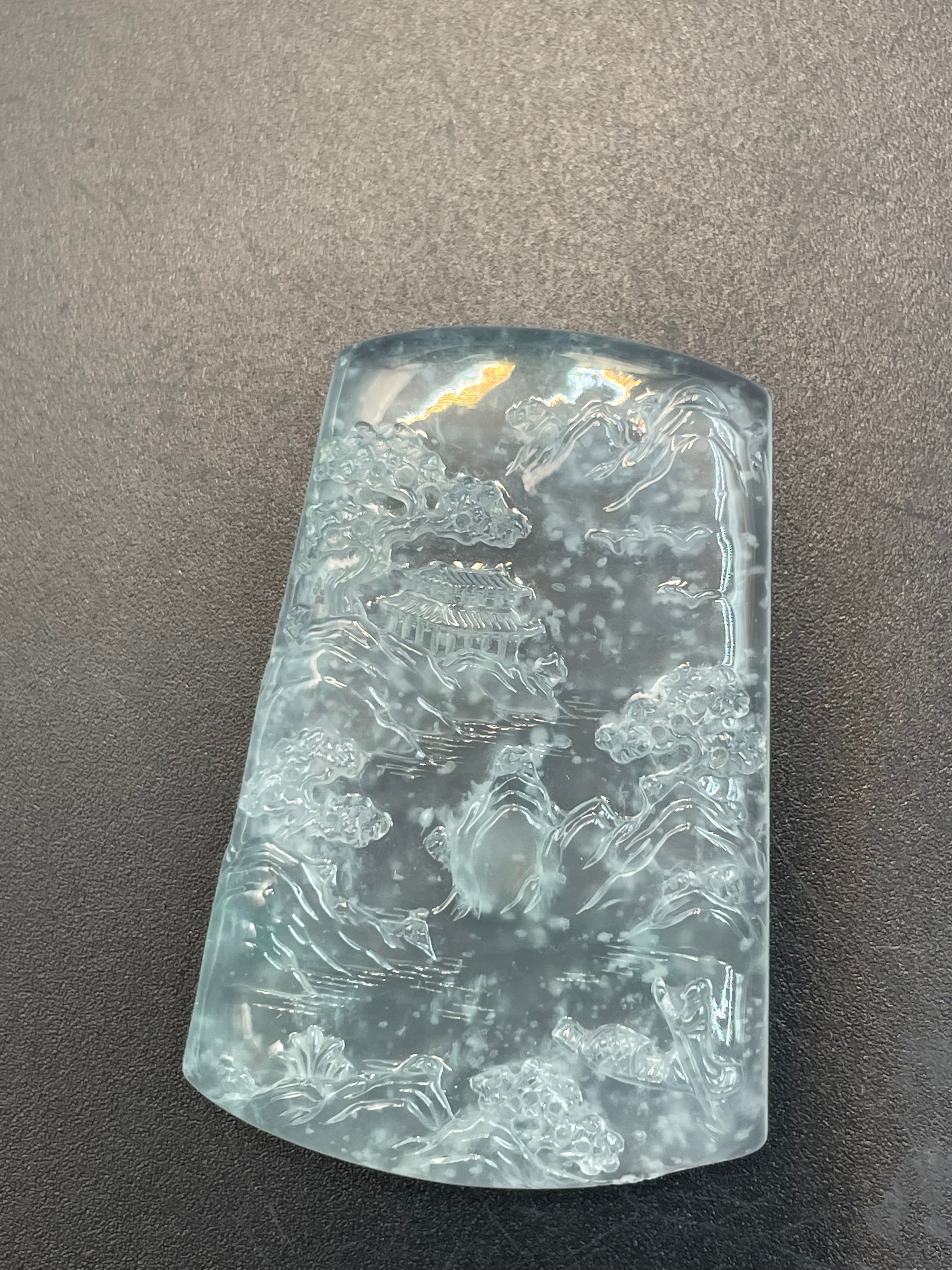 緬甸天然翡翠高冰雪花棉山水意境吊墜