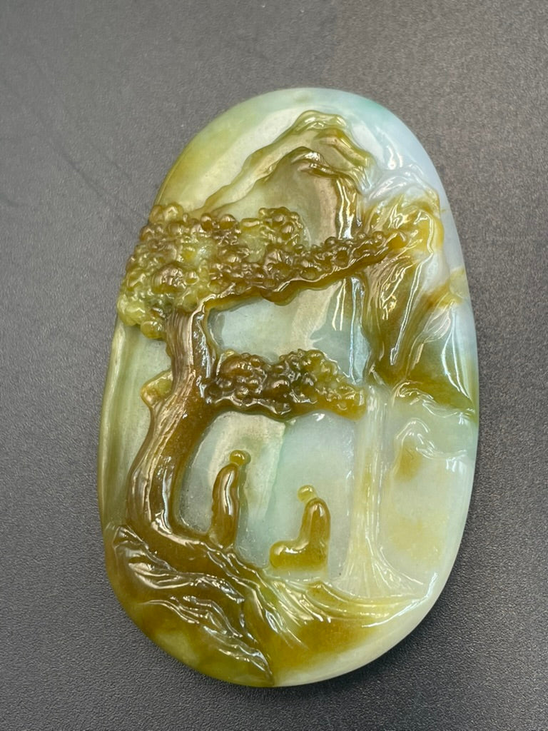 緬甸天然翡翠精雕山水悟道吊墜