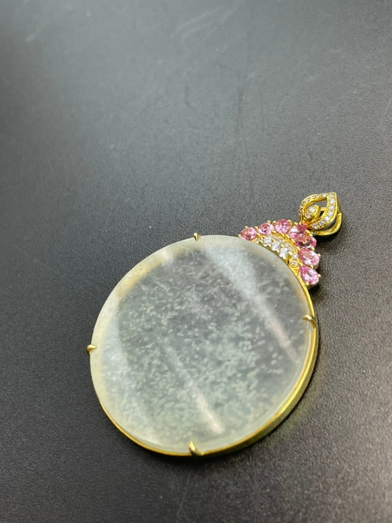 緬甸天然翡翠 冰種雪花棉平安無事圓牌吊墜