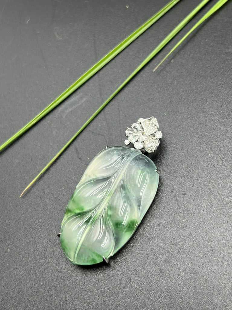 緬甸天然翡翠冰飄花葉子吊墜