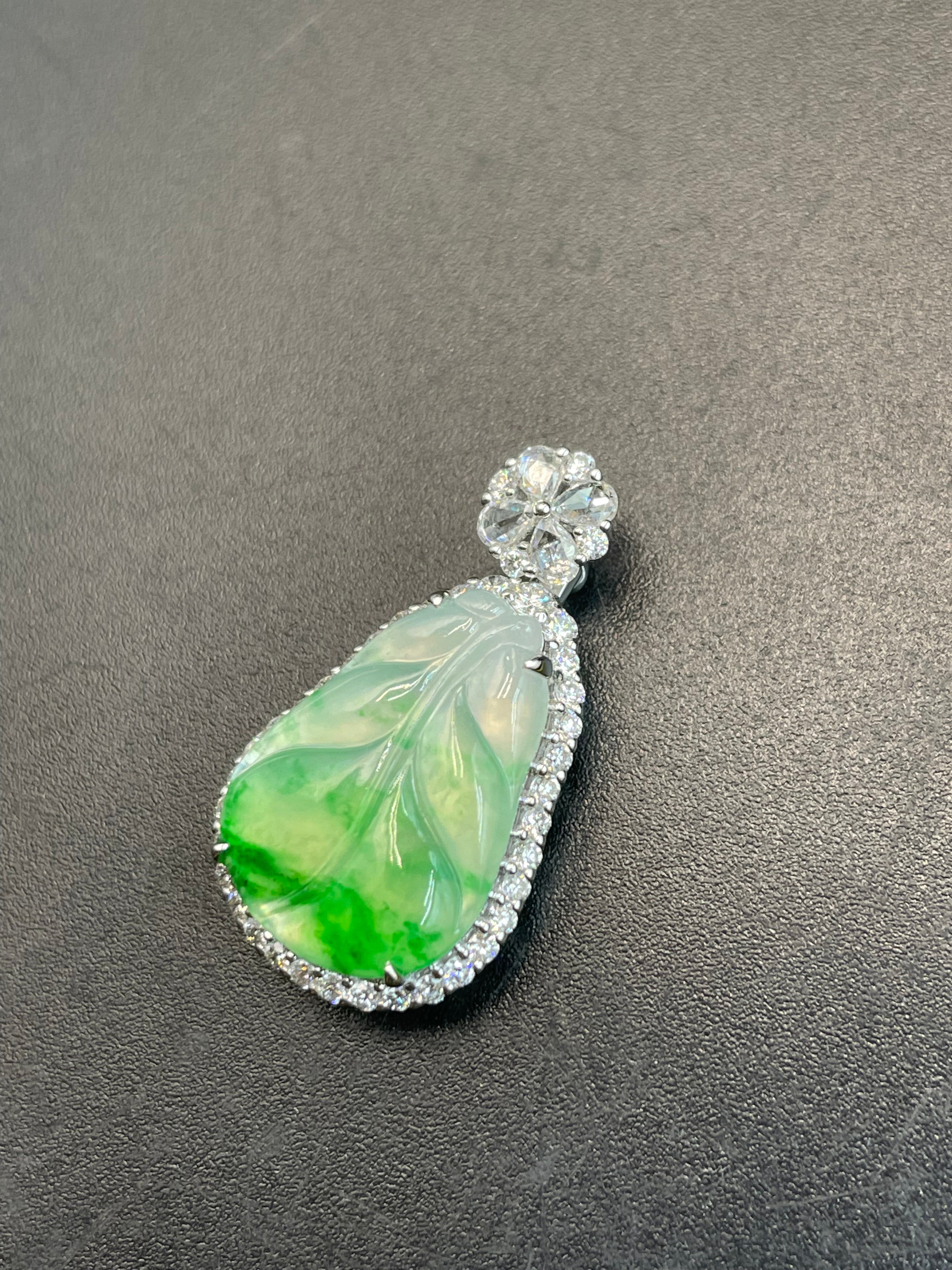 緬甸天然翡翠冰飄綠花葉子吊墜