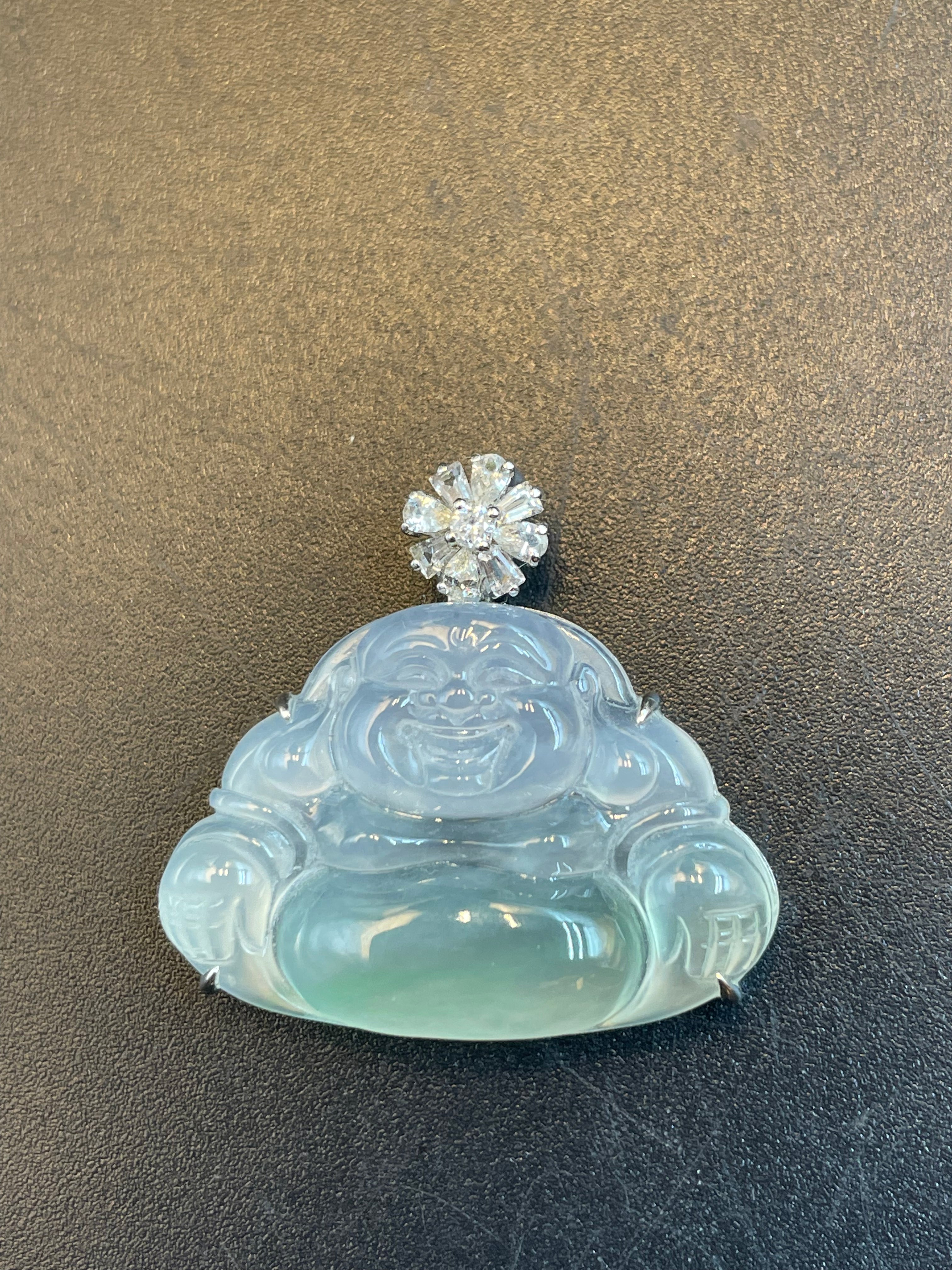 緬甸天然翡翠冰飄綠花彌勒佛公吊墜