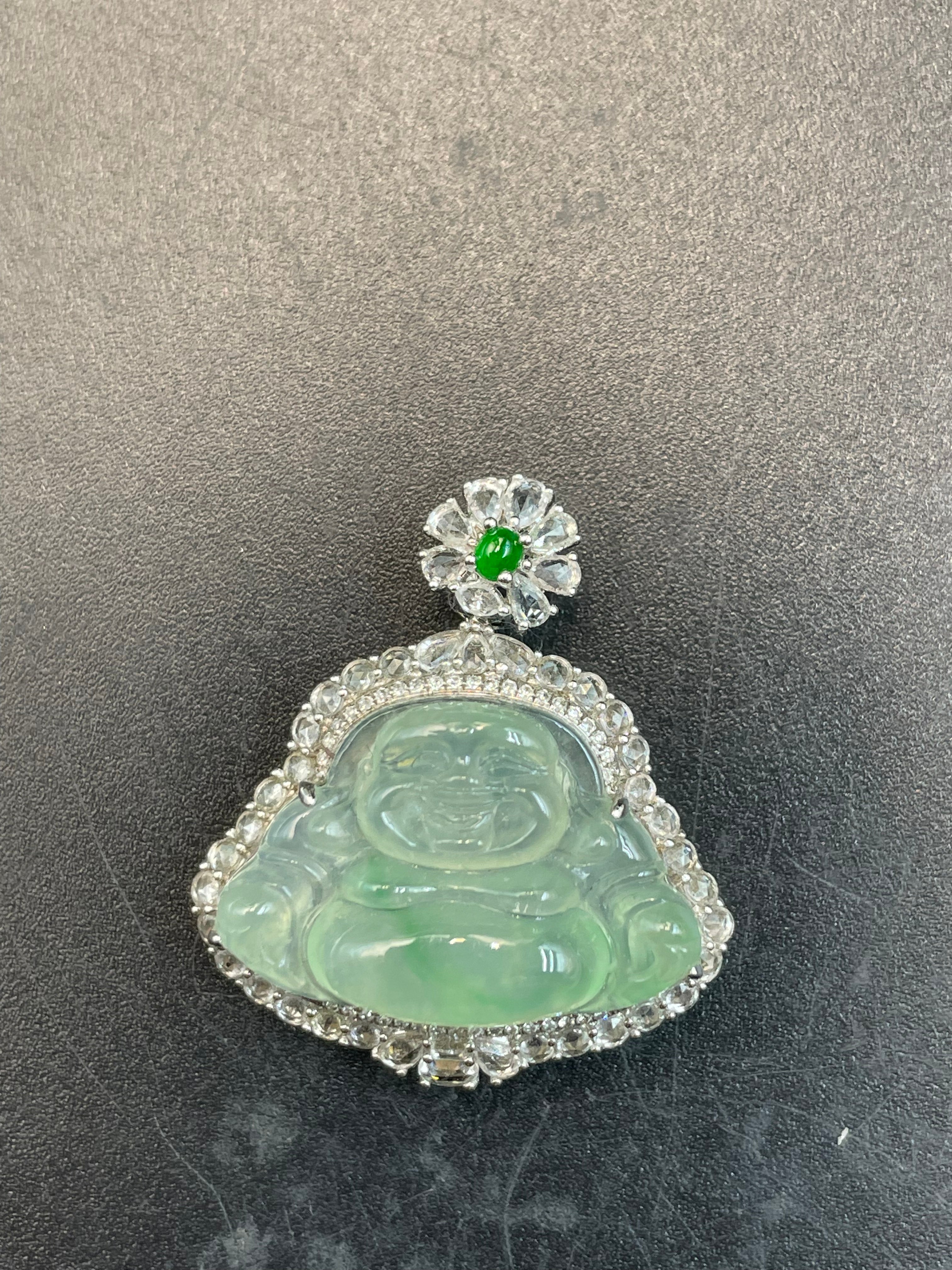 緬甸天然翡翠冰晴綠飄花彌勒吊墜