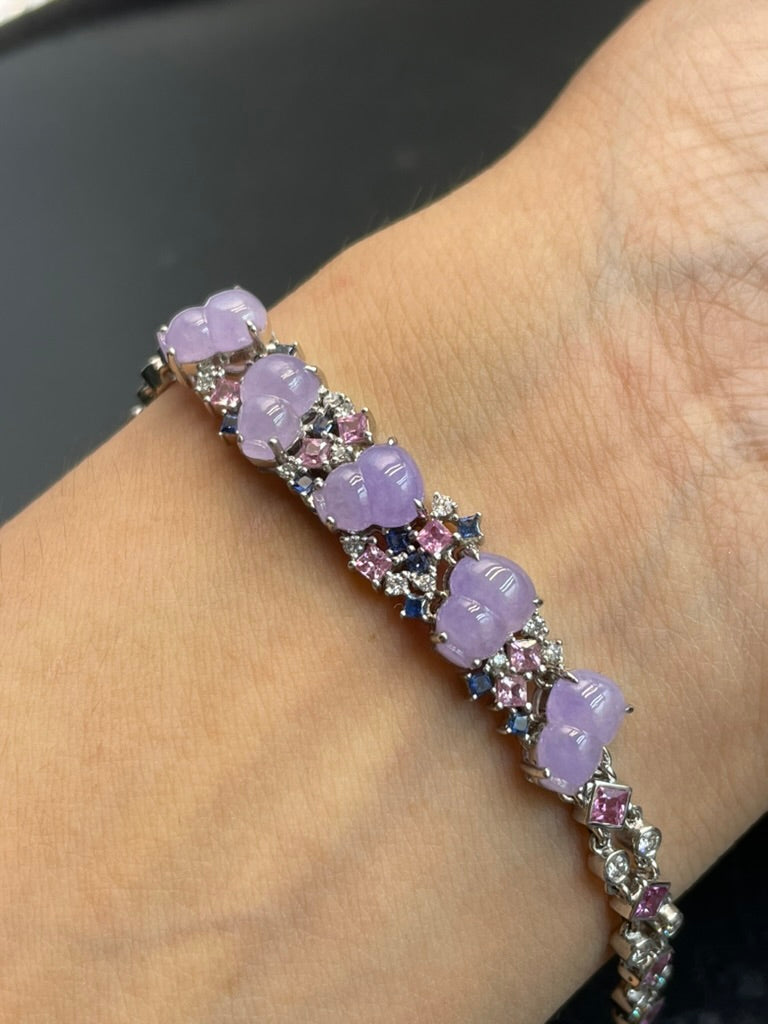 緬甸天然翡翠 紫羅蘭葫蘆/福祿蛋面手鏈 18k金鑲嵌伴鉆