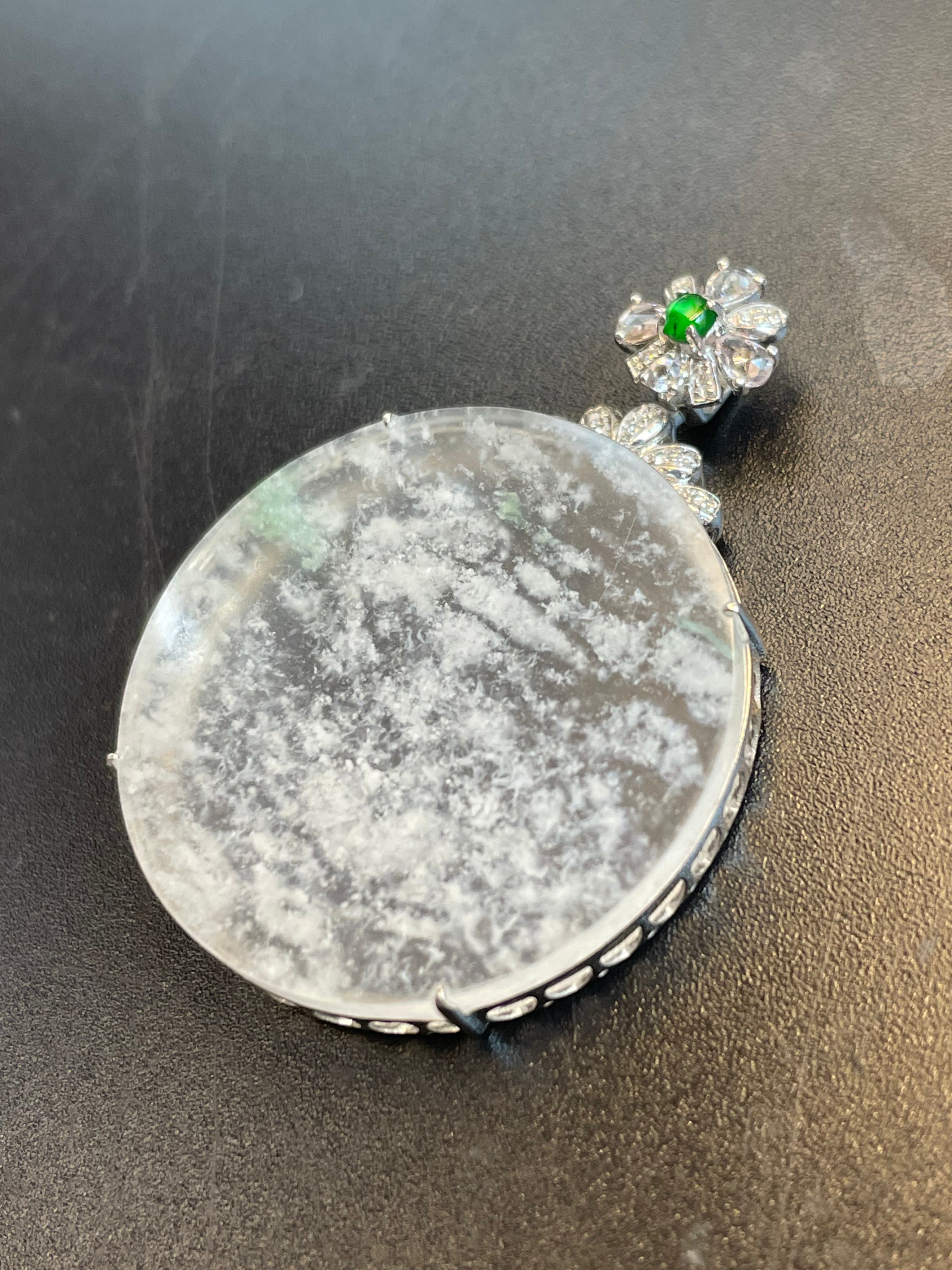 天然翡翠冰漂雪花帶綠無事圓牌吊墜
