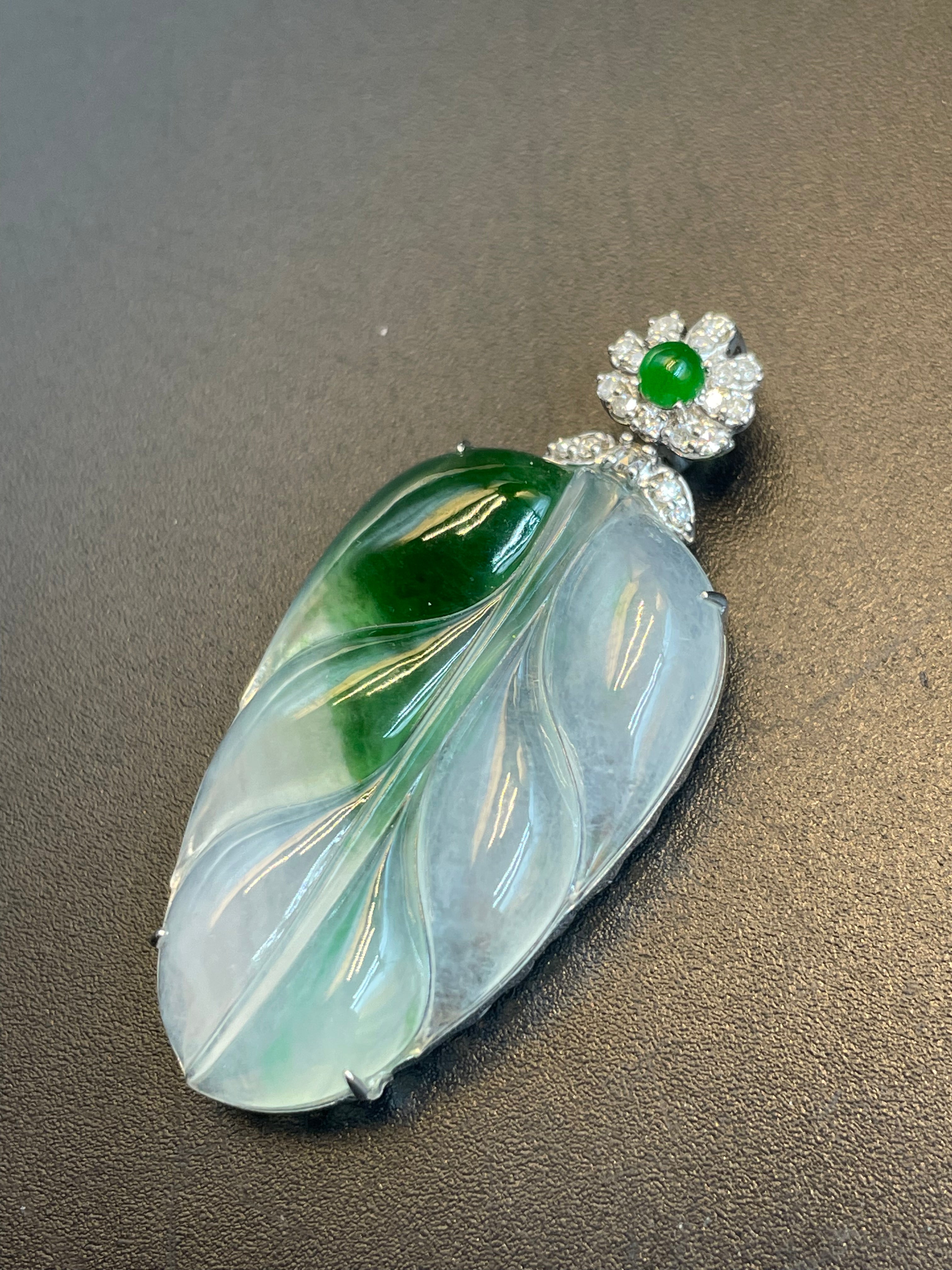 緬甸天然翡翠冰飄花葉子/金枝玉葉吊墜