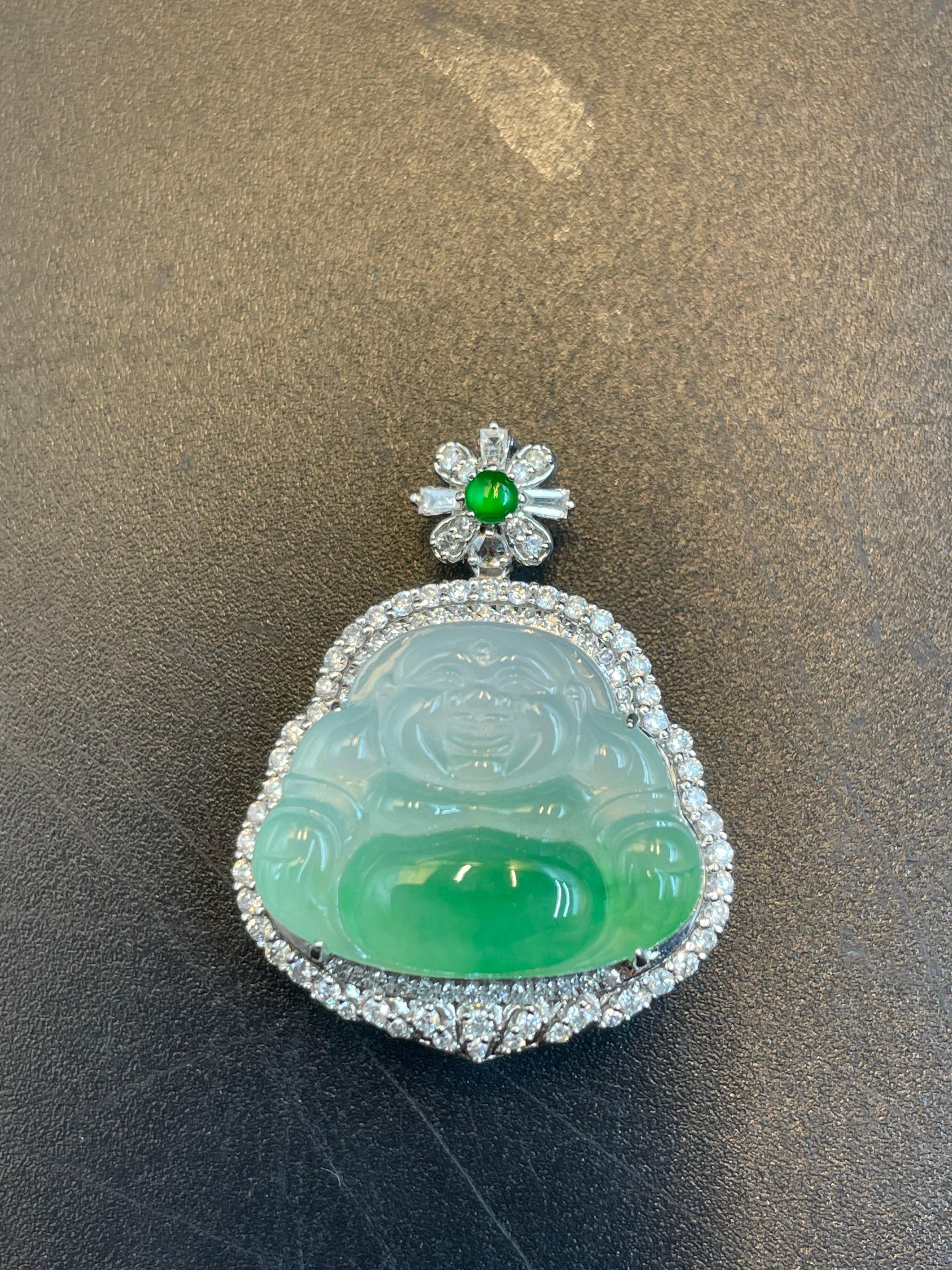 天然翡翠冰種飄綠花彌勒吊墜