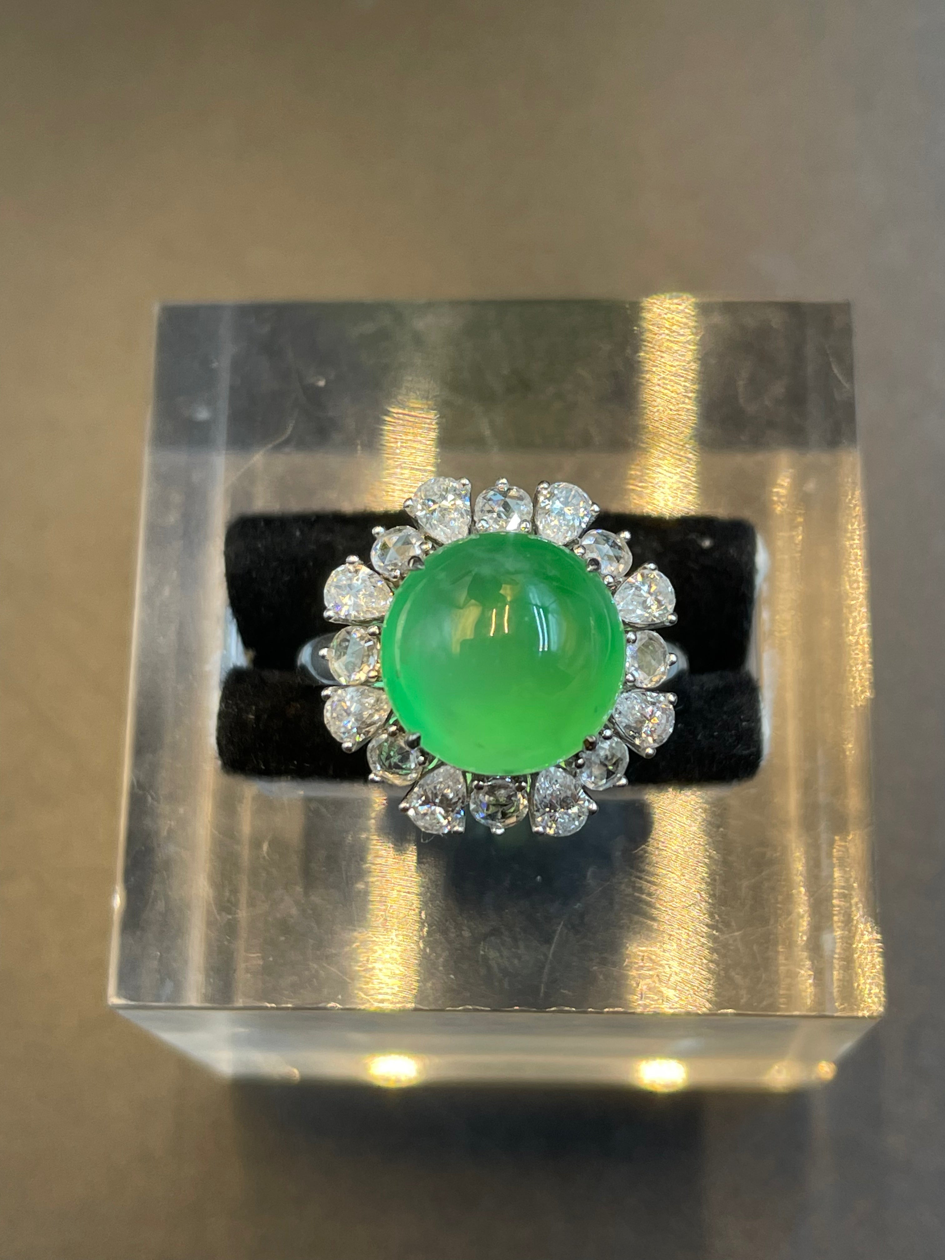 緬甸天然翡翠冰種陽綠正圓蛋面戒指