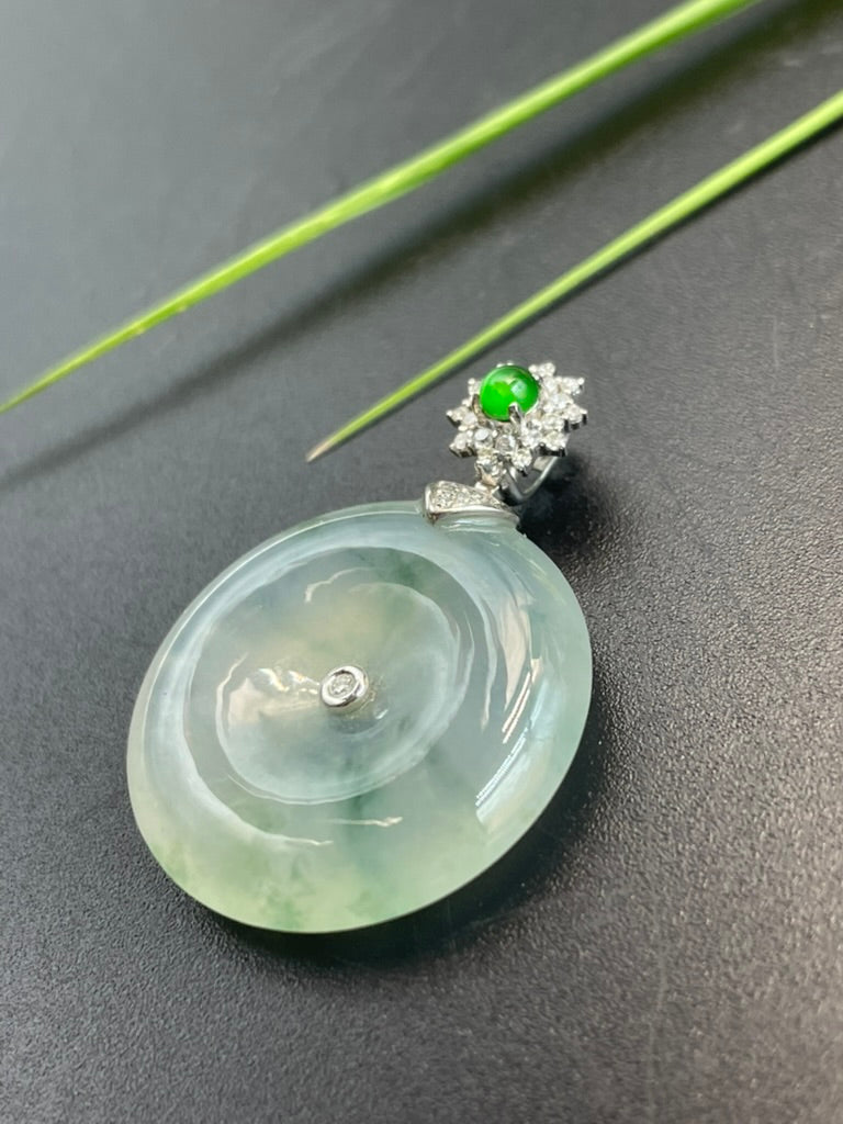 天然緬甸翡翠冰飄綠花平安扣吊墜