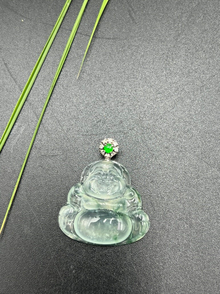 緬甸天然翡翠高冰飄花彌勒吊墜
