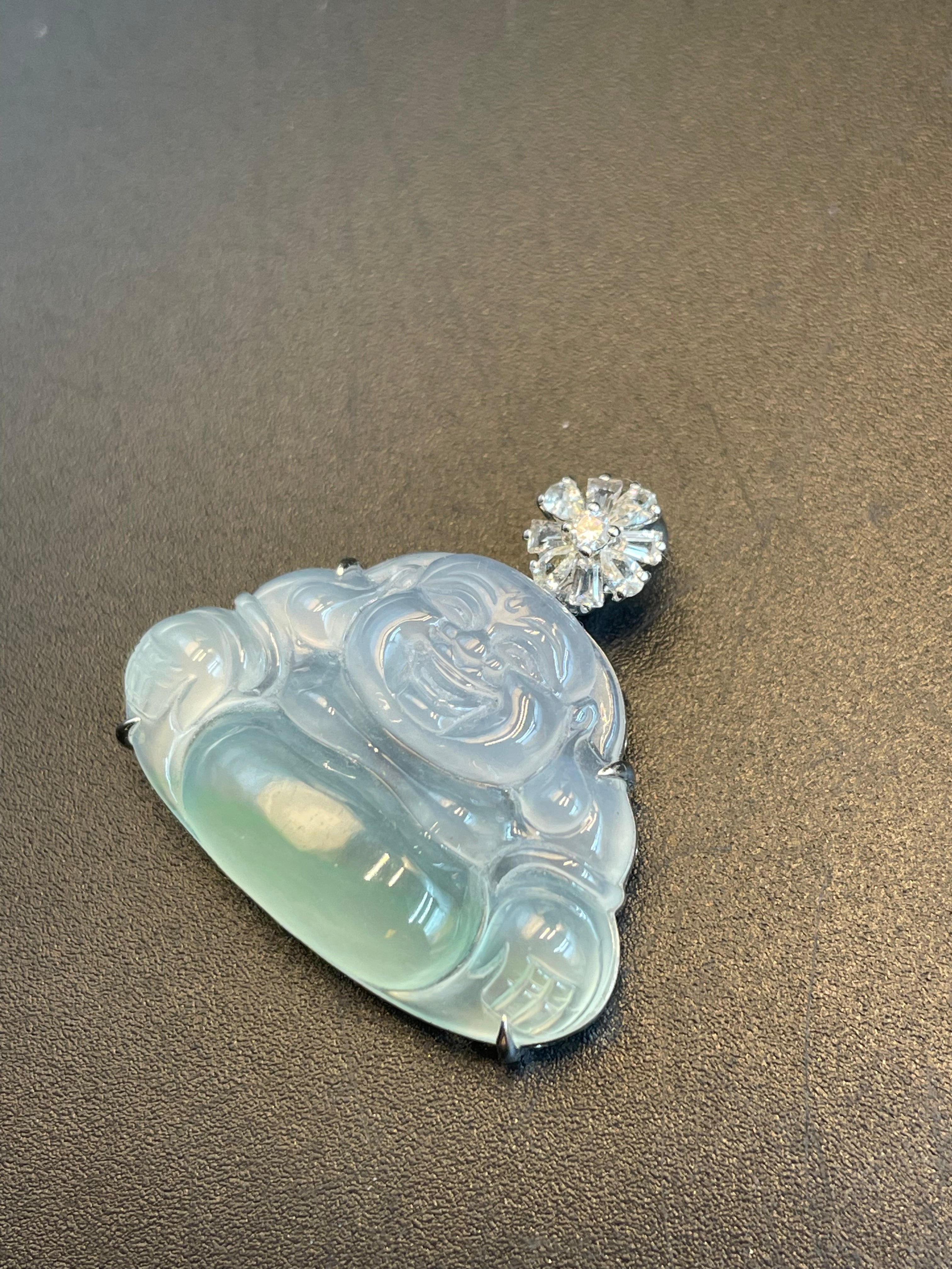 緬甸天然翡翠冰飄綠花彌勒佛公吊墜