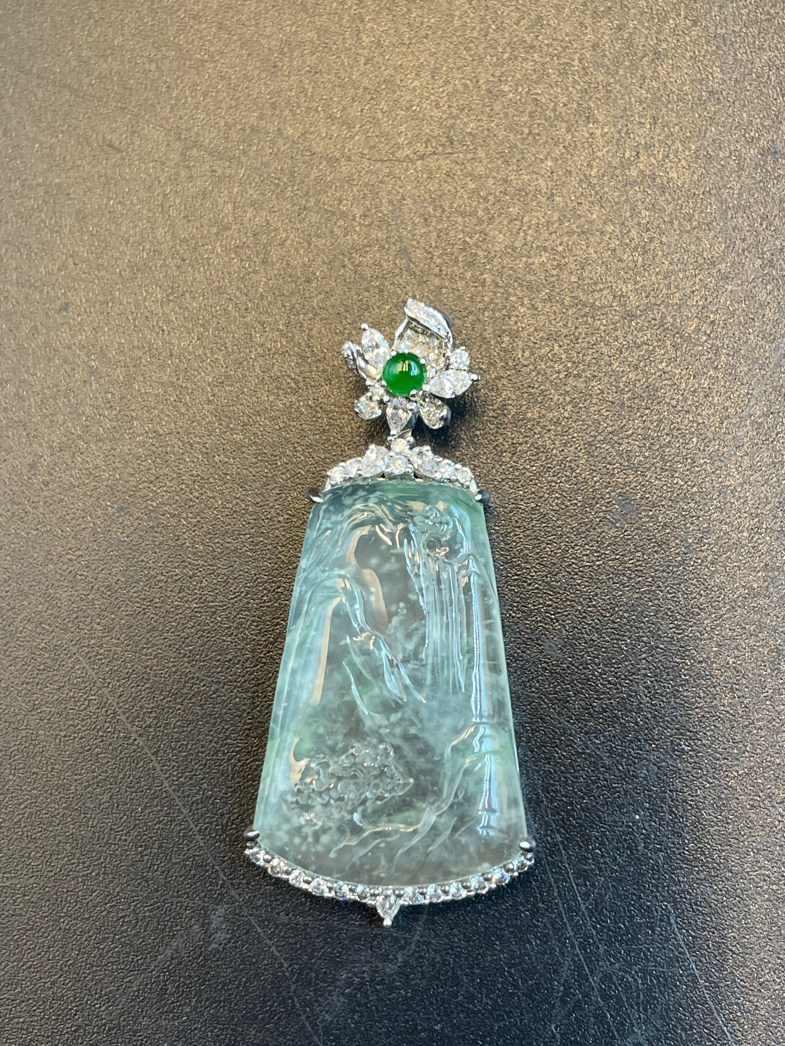 天然翡翠冰種山水意境玉牌吊墜