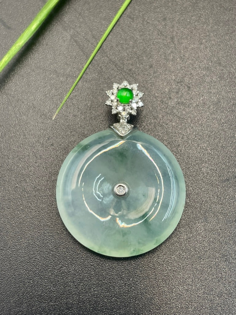 天然緬甸翡翠冰飄綠花平安扣吊墜
