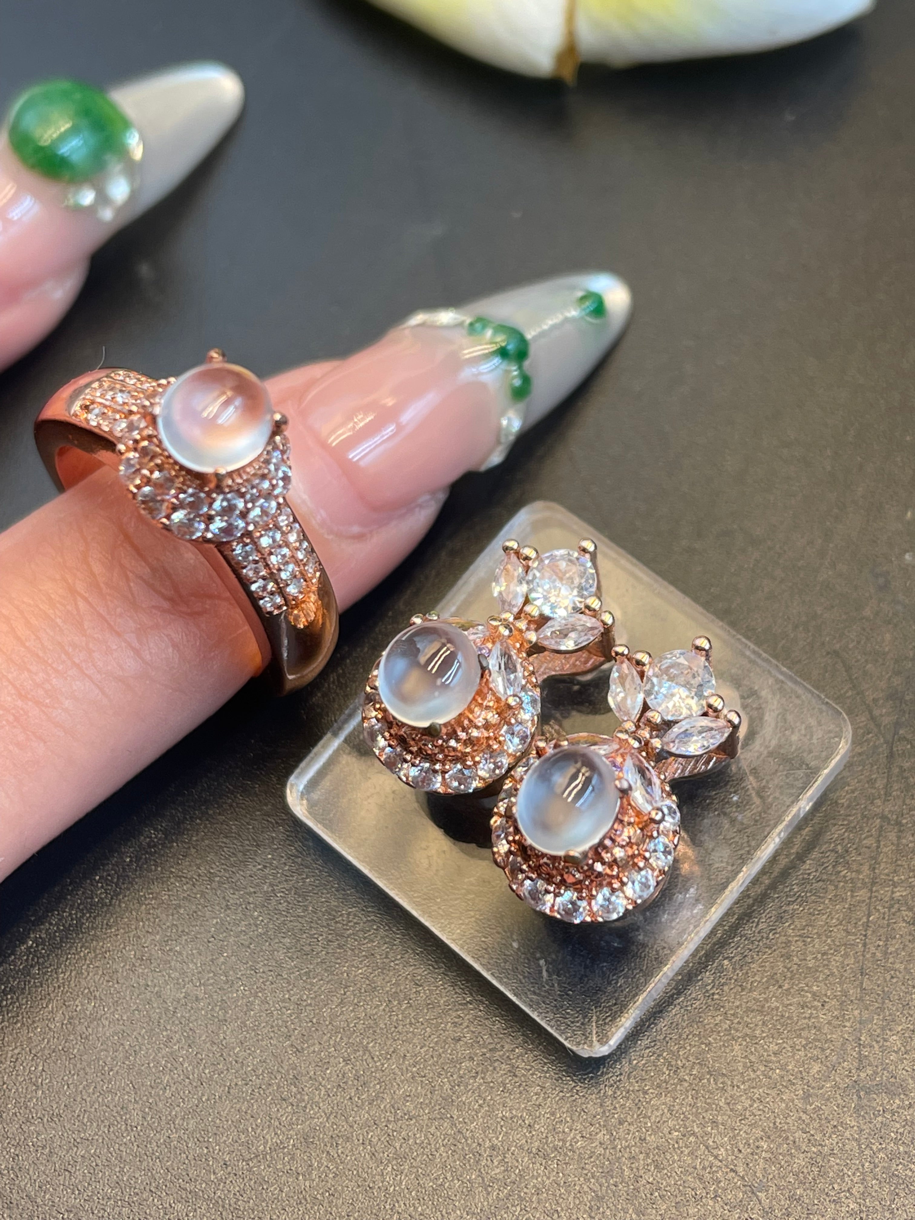 緬甸翡翠冰種蛋面戒指耳環套裝