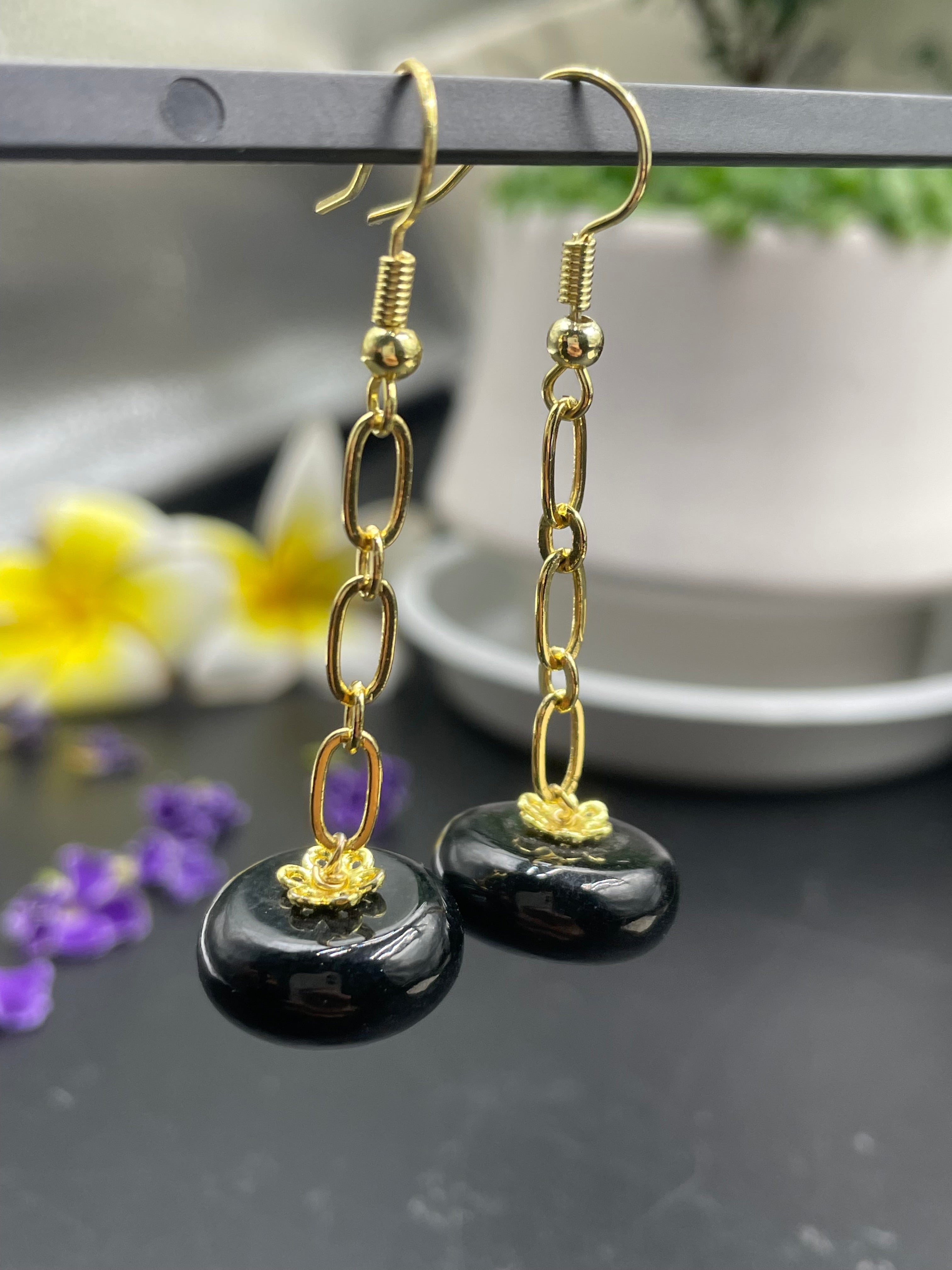 天然翡翠方形/珠子/四葉草/葫蘆墨翠耳環