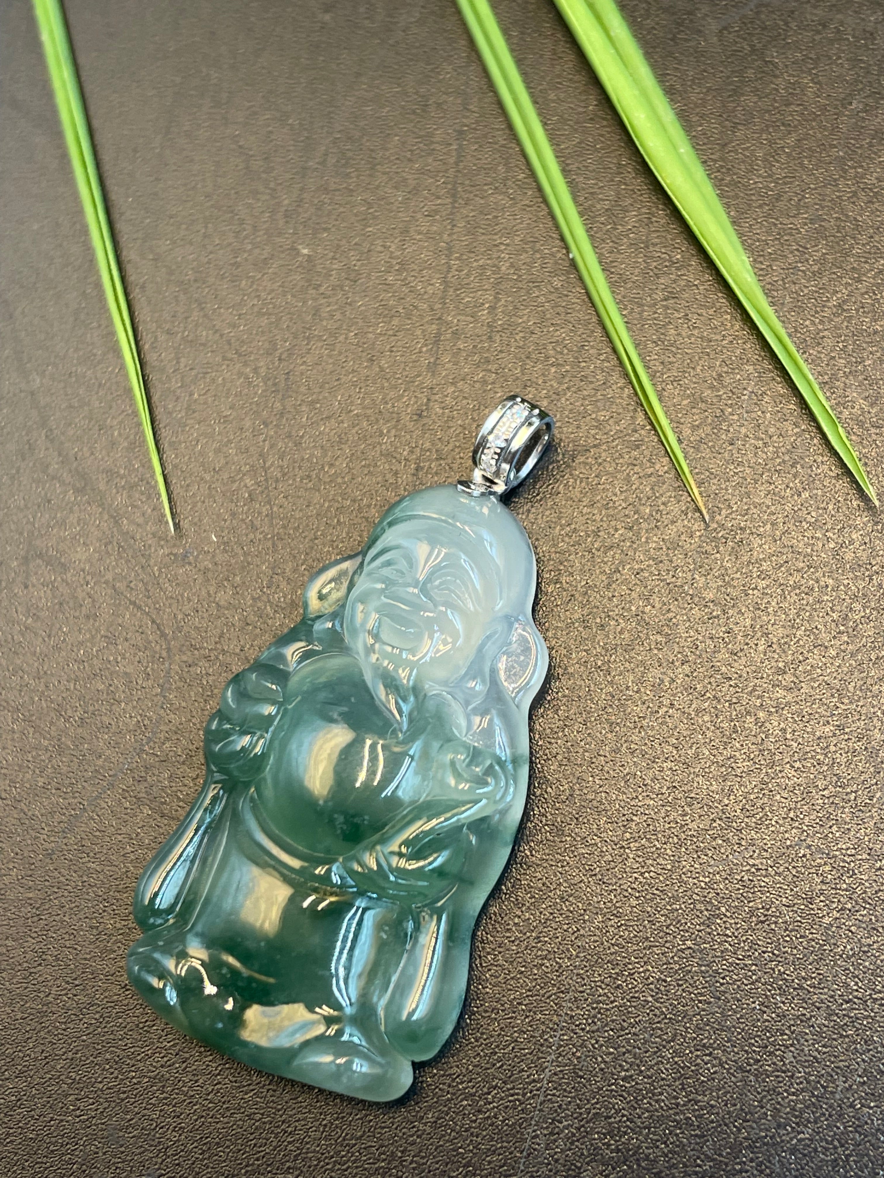 緬甸天然翡翠冰飄綠花財神吊墜