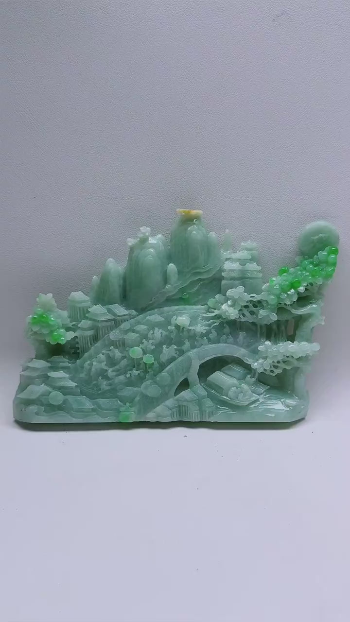 緬甸天然翡翠玉石精雕山水意境擺件