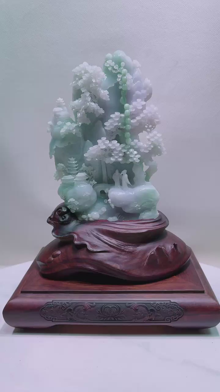 緬甸天然翡翠玉石精雕山水擺件