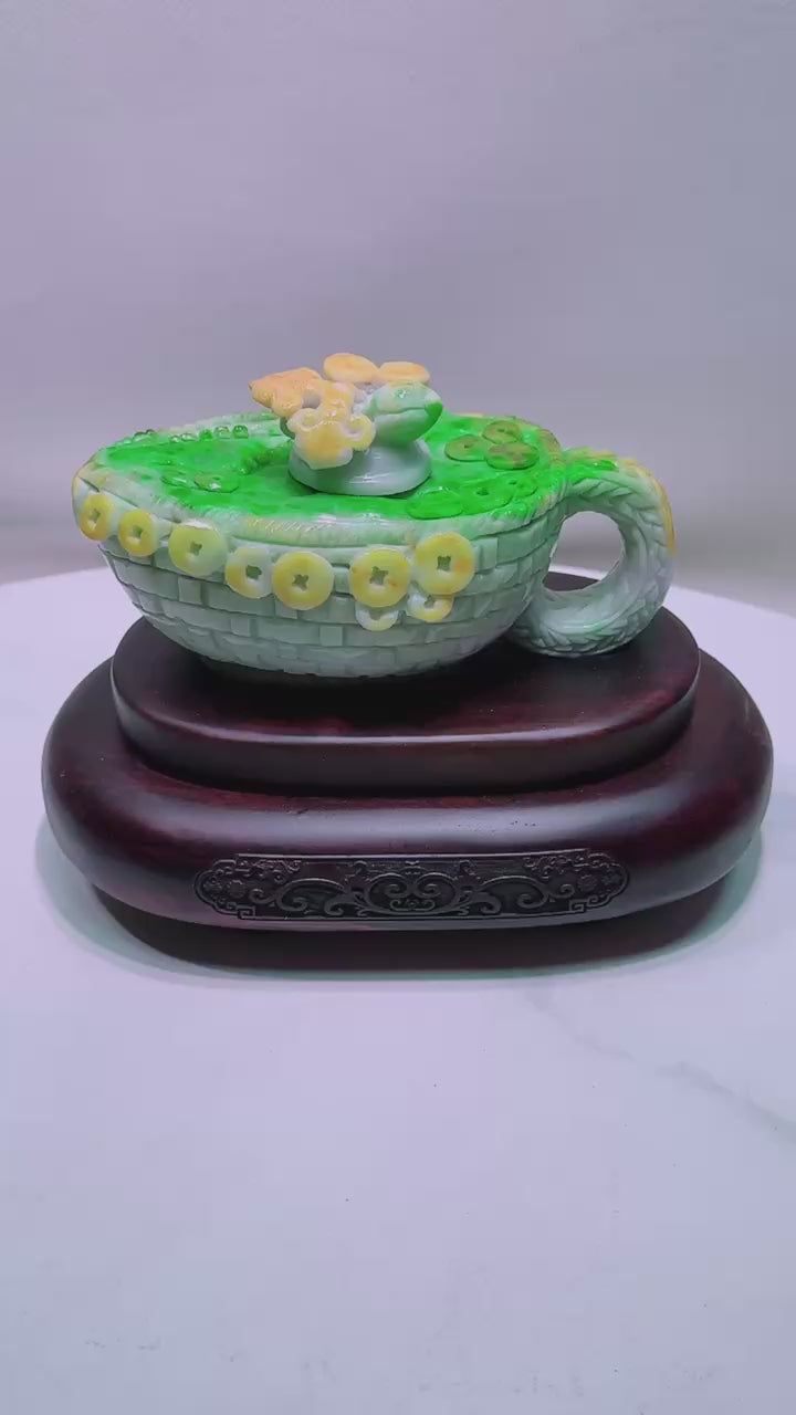 緬甸天然翡翠玉石精雕招財聚寶茶壺擺件