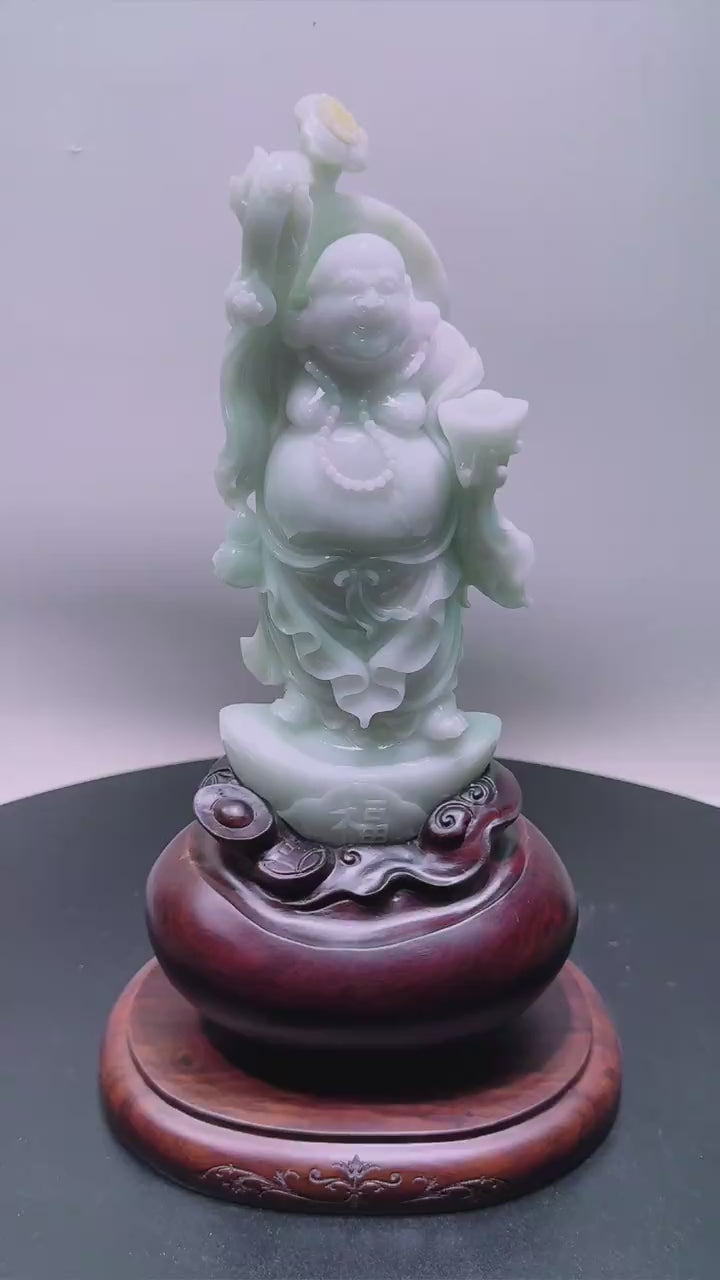 缅甸天然玉石翡翠精雕如意彌勒納寶摆件