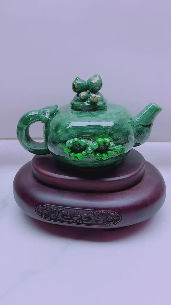 緬甸天然翡翠玉石精雕如意蟠桃佛珠茶壺擺件